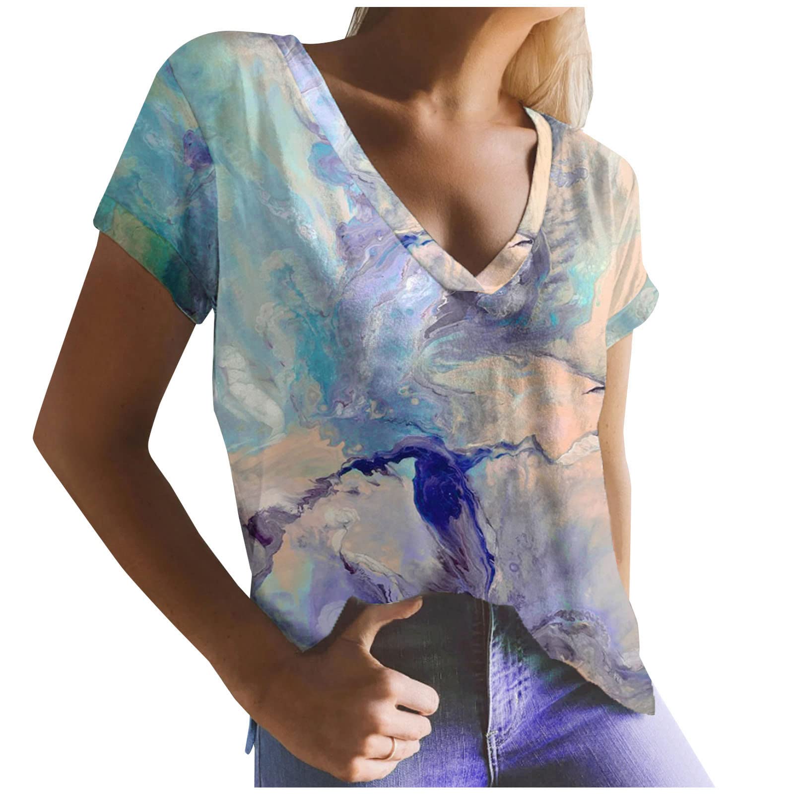Women's Casual Summer V-Neck Short Sleeve Blouse - Flowy Loose Fit Painting Print Tunic Top for Work, Office & Outdoor Activities