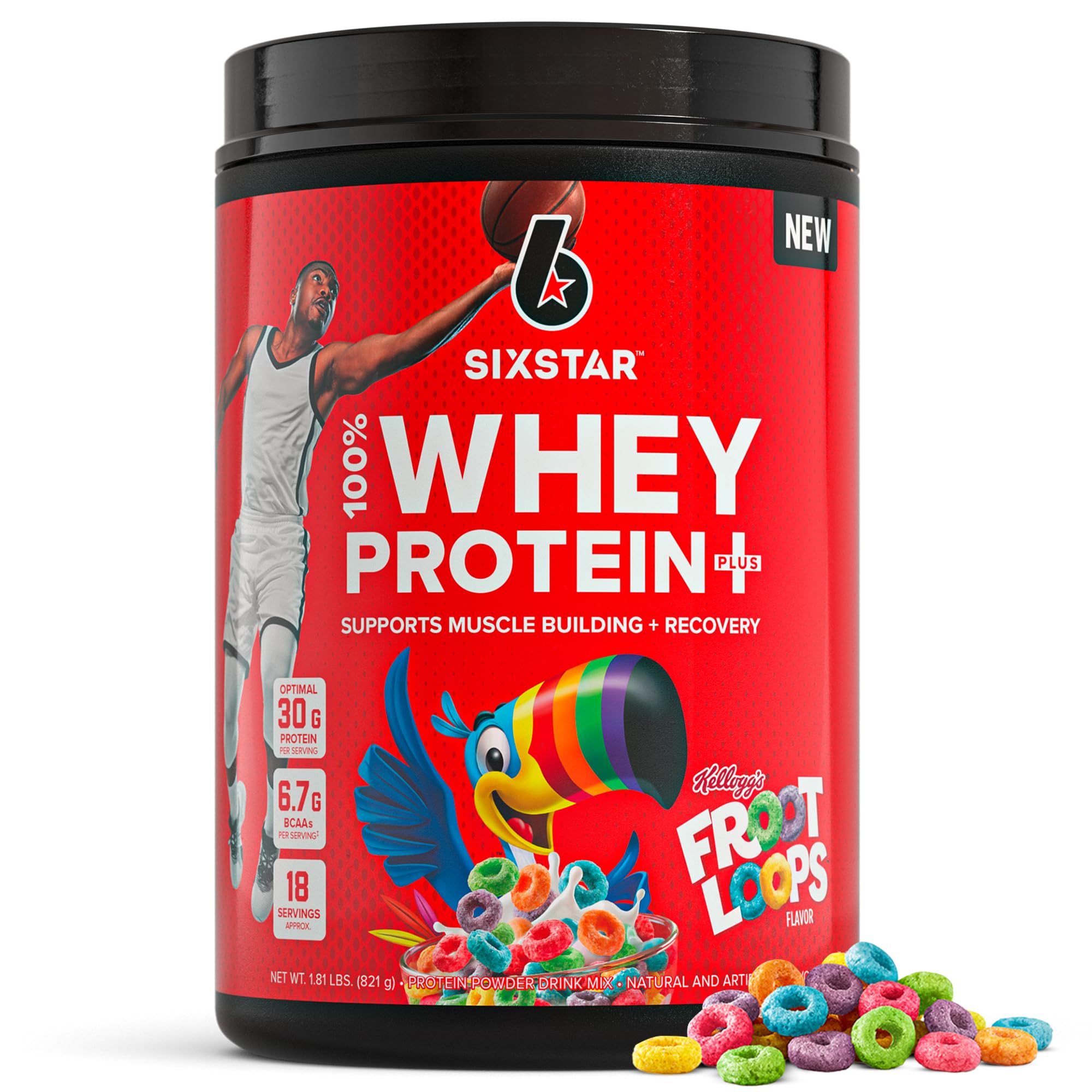 Six Star Whey Protein Powder Plus - Muscle Building & Recovery Formula with 30g Protein, Whey Isolate, BCAAs for Immune Support - Post Workout Supplement in Kellogg’s Froot Loops Flavor (1.8 lbs) - Ideal for Gym Recovery, Muscle Growth & Healthy Lifestyle
