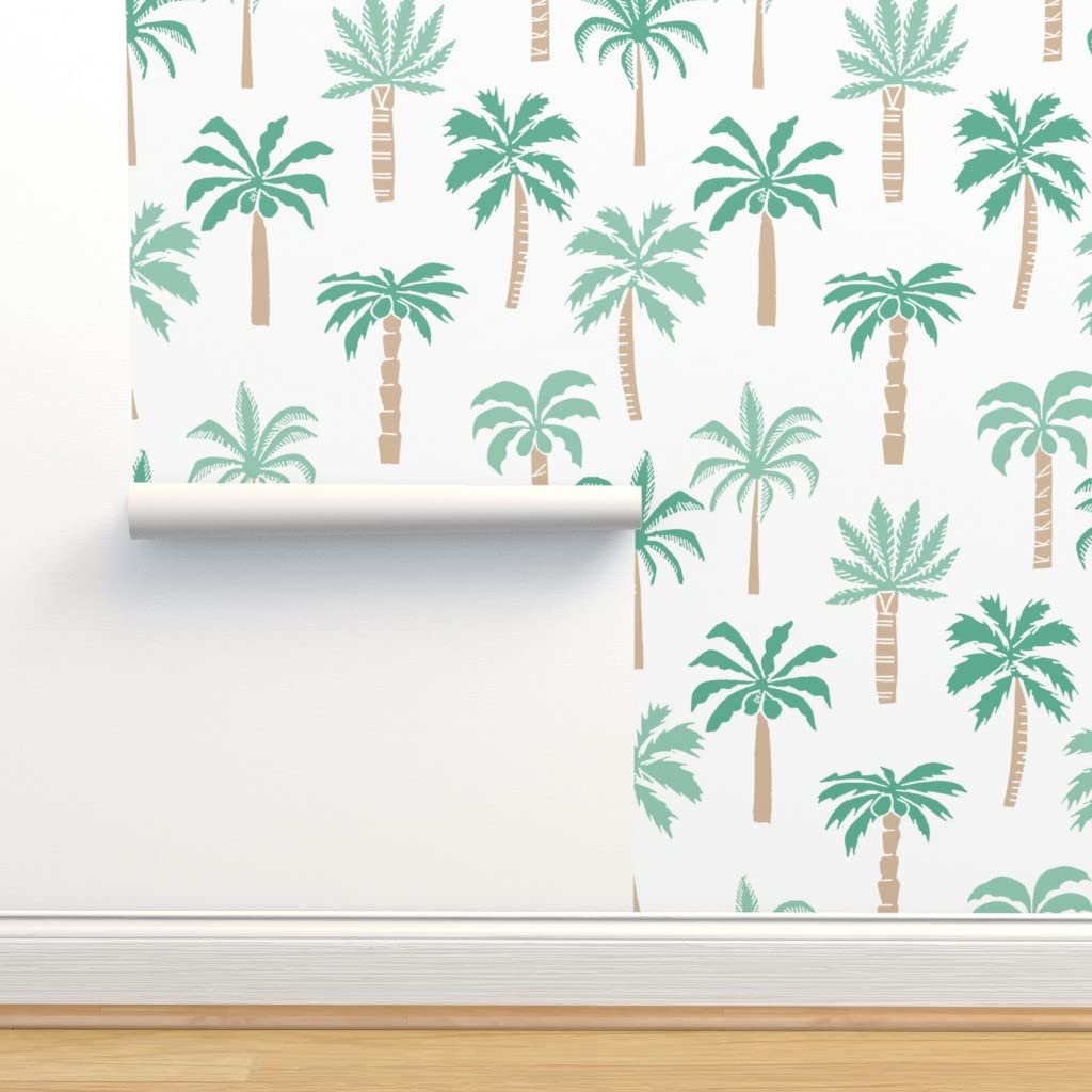 Peel & Stick Wallpaper Swatch - Tropical Aqua Palm Tree Design, Summer Beach Ocean Island Jungle Theme, Custom Removable Wallpaper by Spoonflower | Perfect for Nursery, Bathroom, and Home Decor