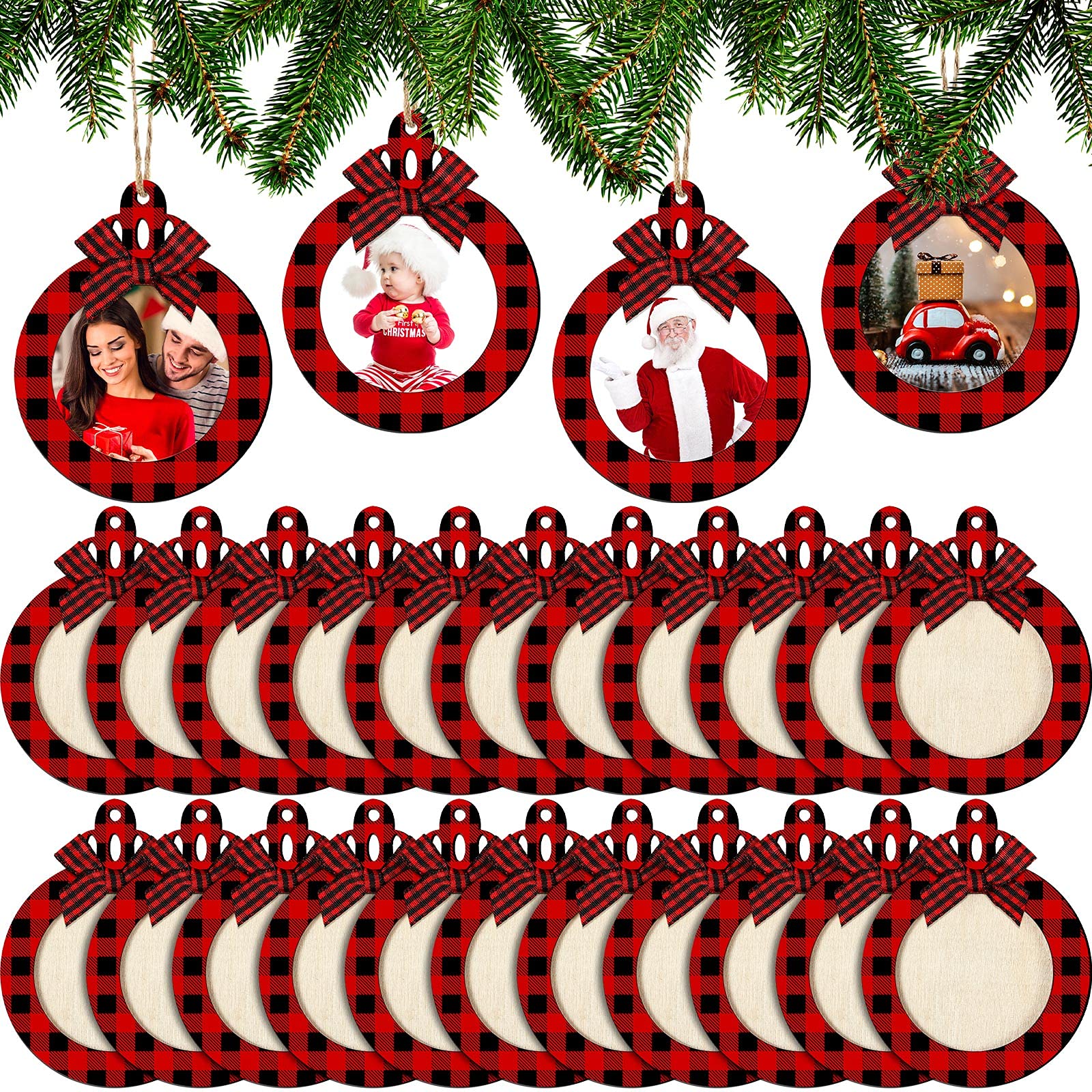 Blulu 24-Piece Unfinished Wood Christmas Photo Frame Set - Plaid Style Xmas Tree Ornaments & Holiday Picture Frames for DIY Decor, Gift Giving, and Festive Home Decoration