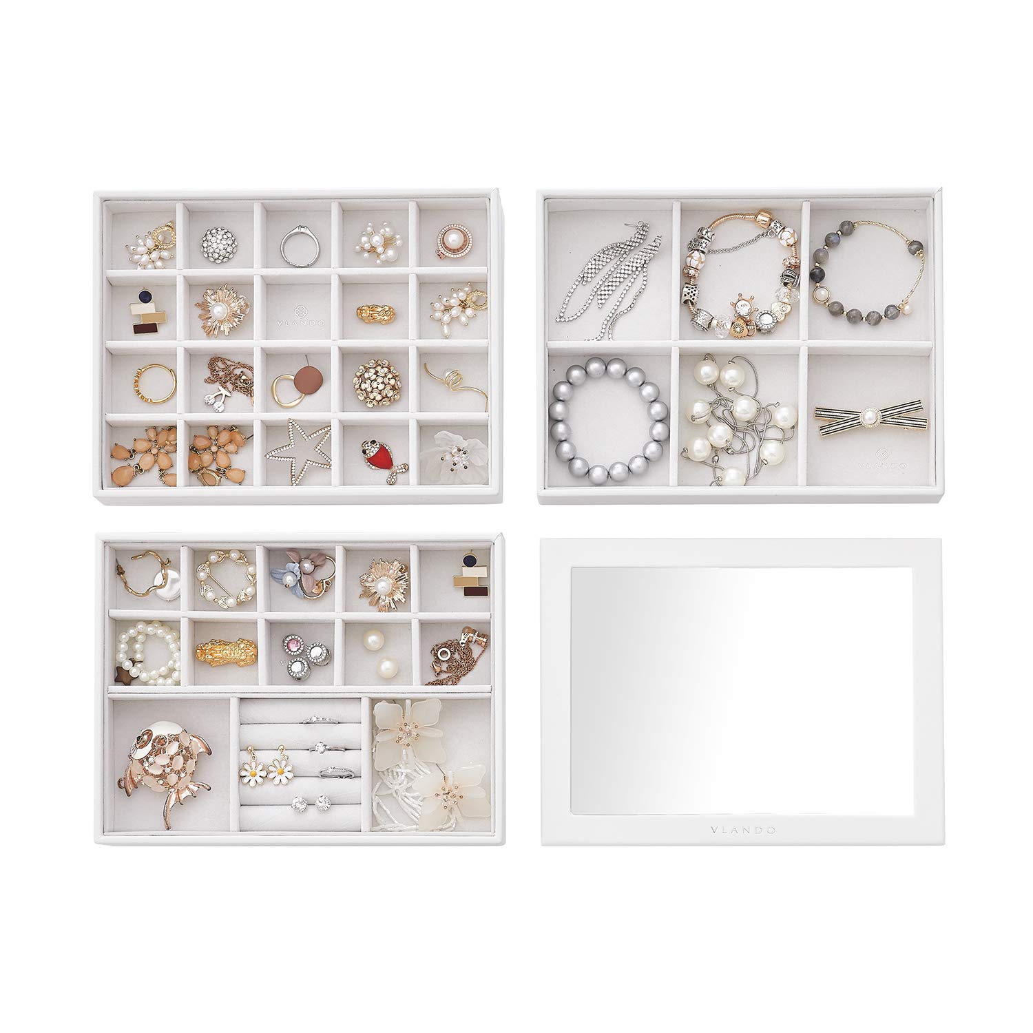 Vlando 3-Layer Stackable Jewelry Organizer Tray with Lid - White Multipurpose Storage Box for Earrings, Necklaces, Bracelets & Rings | Perfect for Vanity, Dresser, Travel & Gift Giving