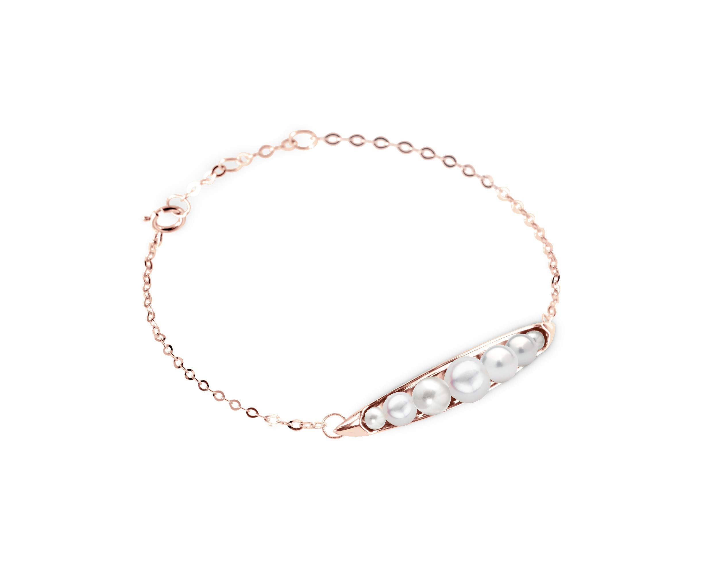 Majade 14K Rose Gold Pearl Bracelet - Handmade Fertility Birthstone Jewelry for Mom, Minimalist White Silver Pearl Bar Bracelet, June Birthstone Pea in a Pod Design - Perfect for Mother's Day Gifts, Wedding Accessories & Special Occasions