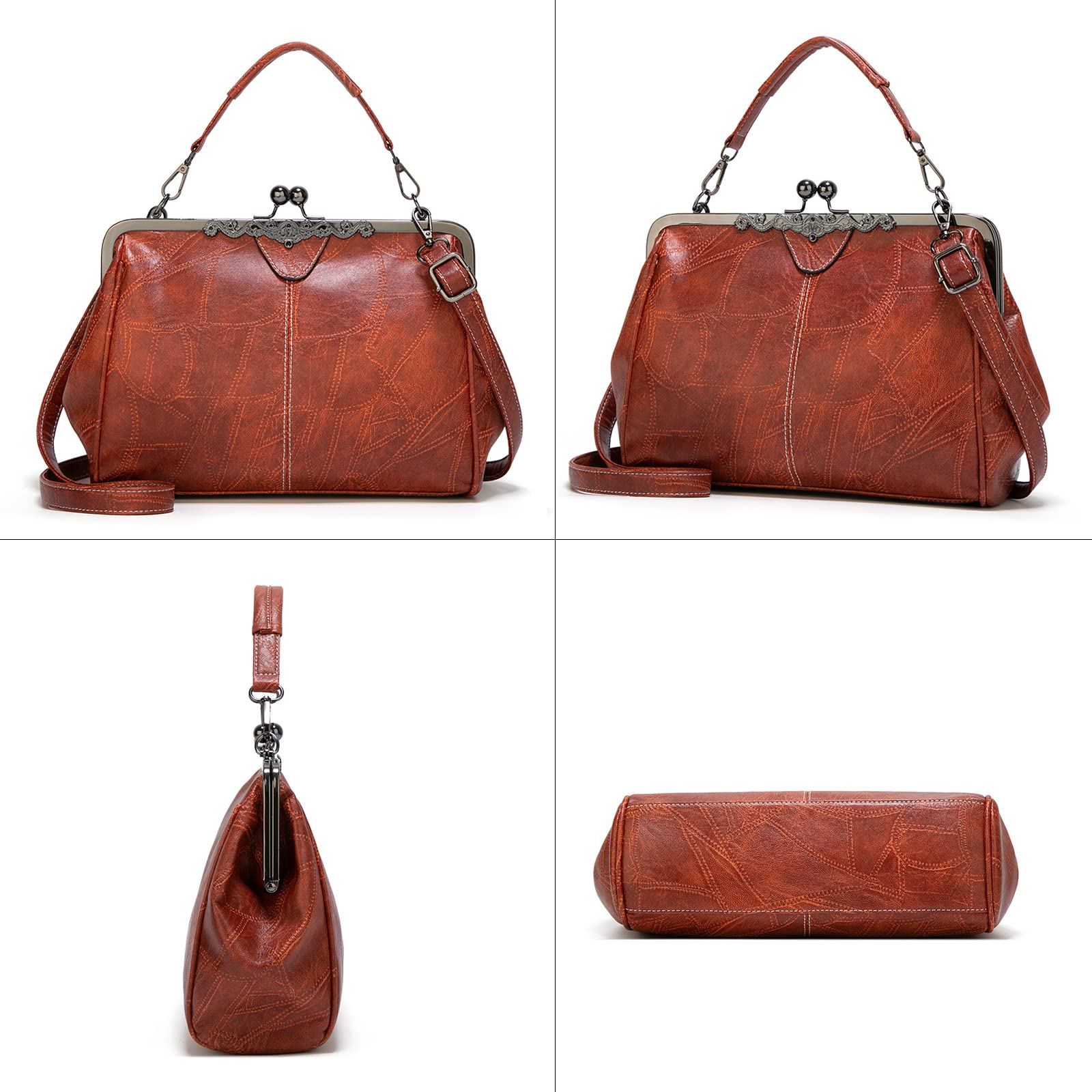 Vintage Women's Kiss Lock Handbag - Oil Leather Evening Clutch Purse & Tote Satchel for Parties, Weddings & Formal Events