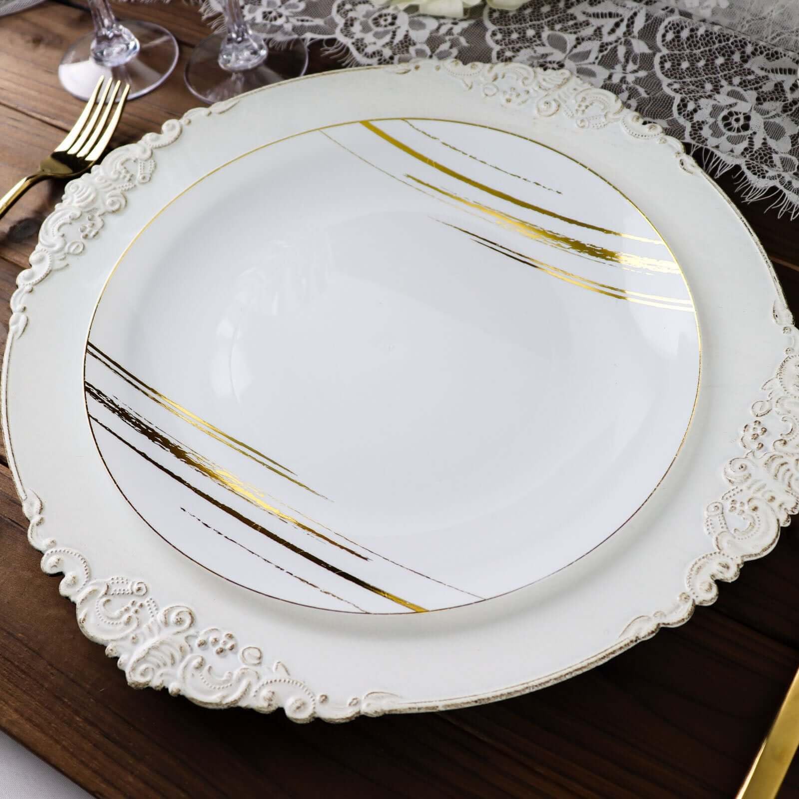 Efavormart 10 Pack White & Gold Brush Stroked 10 Inch Round Plastic Dinner Plates - Elegant Disposable Party Plates for Weddings, Birthdays, and Special Events
