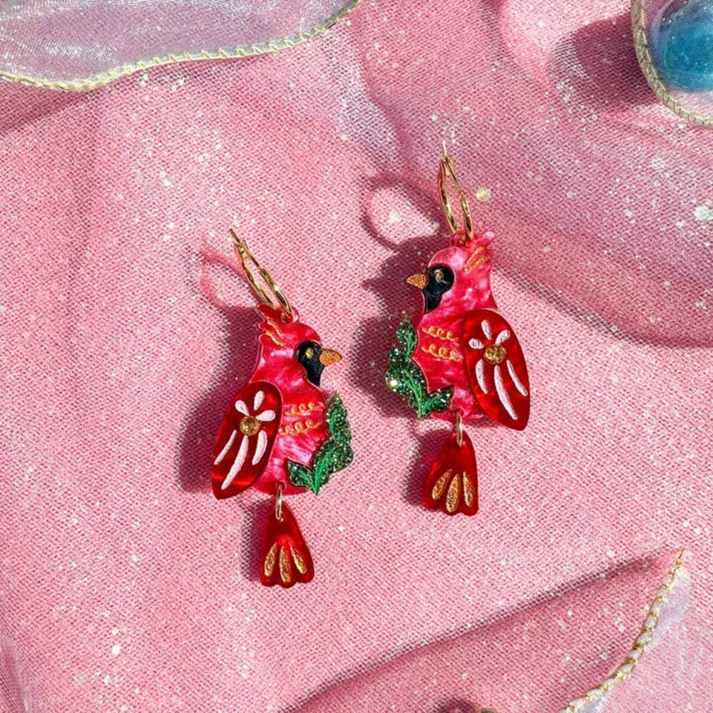 Cardinal Acrylic Earrings - Handmade Red Bird Dangle Earrings for Women | Lightweight & Hypoallergenic | Perfect for Christmas, Valentine's Day & Everyday Wear