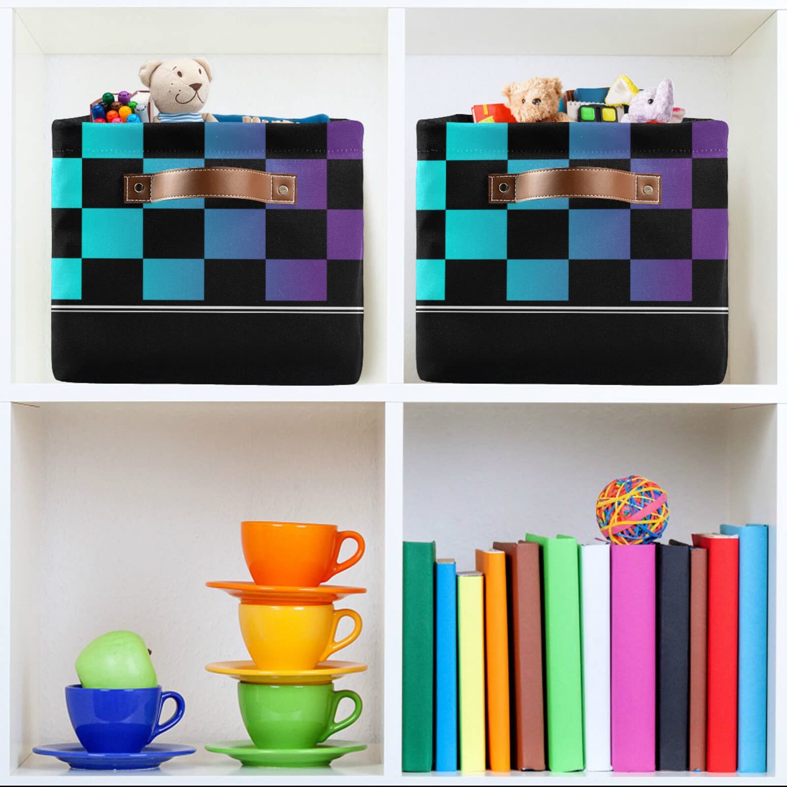 Checkerboard Plaid Storage Basket - Colorful Rectangular Collapsible Bin with Leather Handles | Home Organization & Gift Box for Bedroom, Bathroom, Nursery & Office