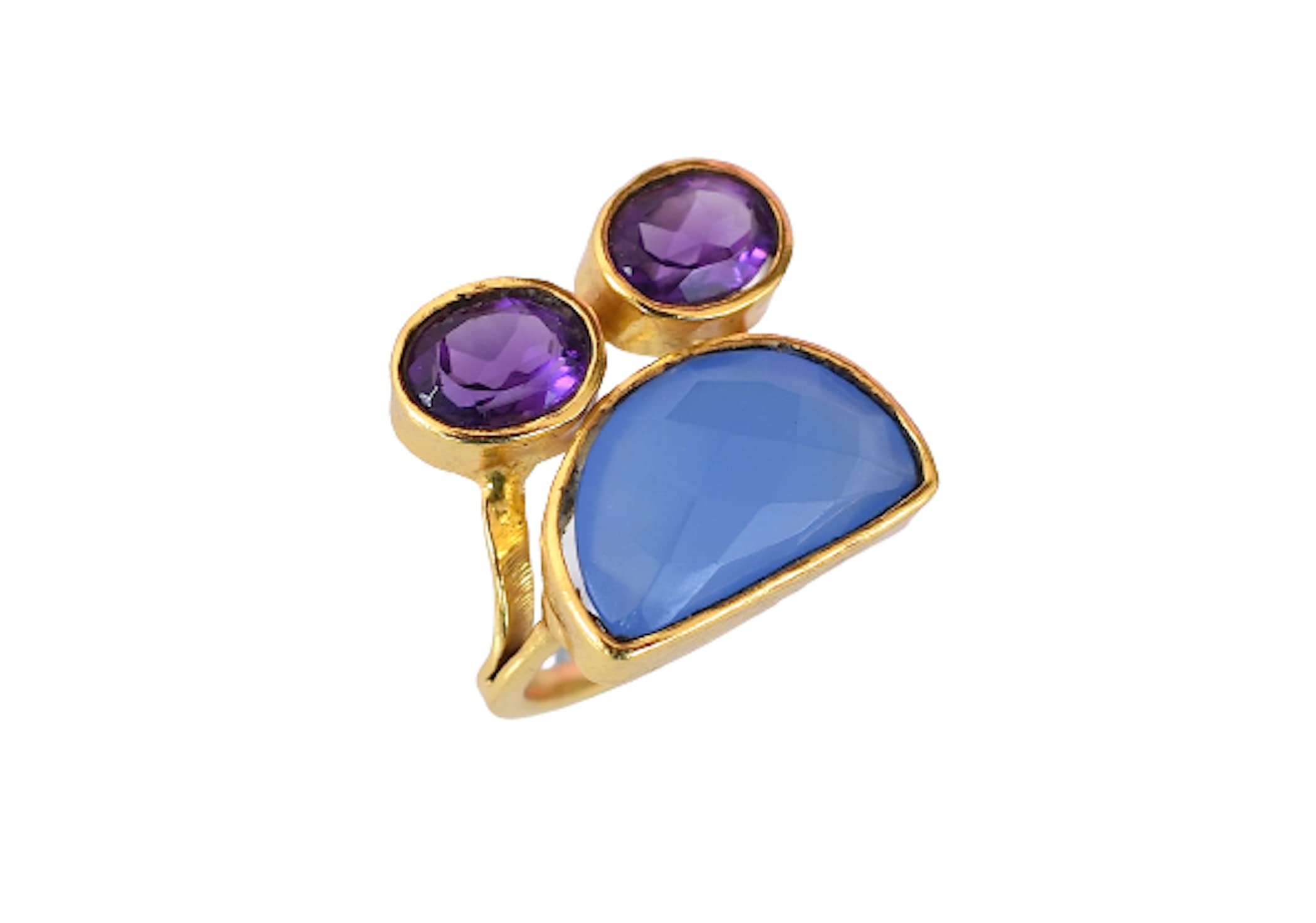 Veracity Jewelry Blue Chalcedony & Amethyst Ring for Women - 18K Gold Plated Handmade Multi Gemstone Ring - Elegant Gift for Birthday, Anniversary & Special Occasions