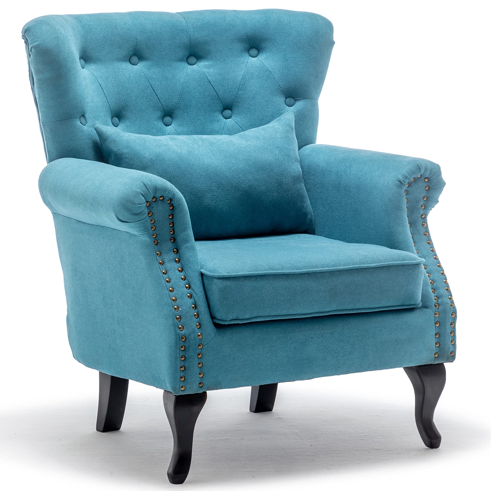 Modern Upholstered Tufted Linen Fabric Accent Armchair - Club Chair, Lounge Chair & Reading Chair with Rivet Roll Arms & High Back Support - Perfect for Living Room, Bedroom, Home Office & Reading Nook (Blue + Linen Fabric)