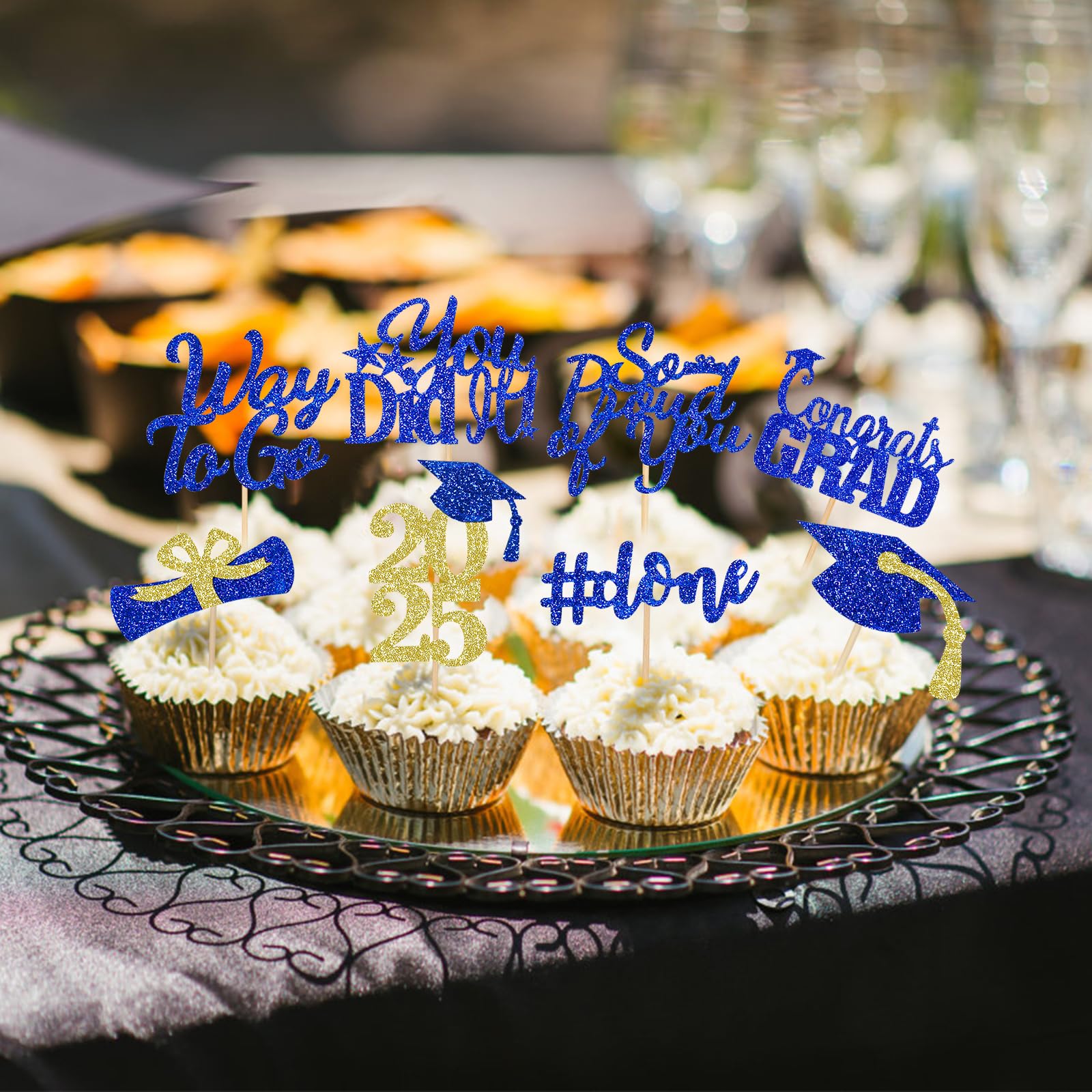 32Pcs 2025 Graduation Cupcake Toppers - Blue and Gold Congrats Grad Decorations for Class of 2025 | Perfect for Graduation Party, School Ceremony, and Dessert Table Decor