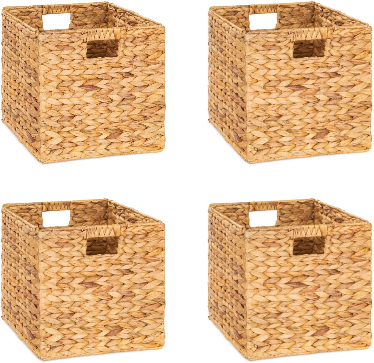12x12x12 Inch Water Hyacinth Storage Baskets - 4 Pack Woven Wicker Cube Bins for Shelves, Bedroom, Living Room Organizer - Perfect for Toys, Blankets, Books & Home Decor Storage