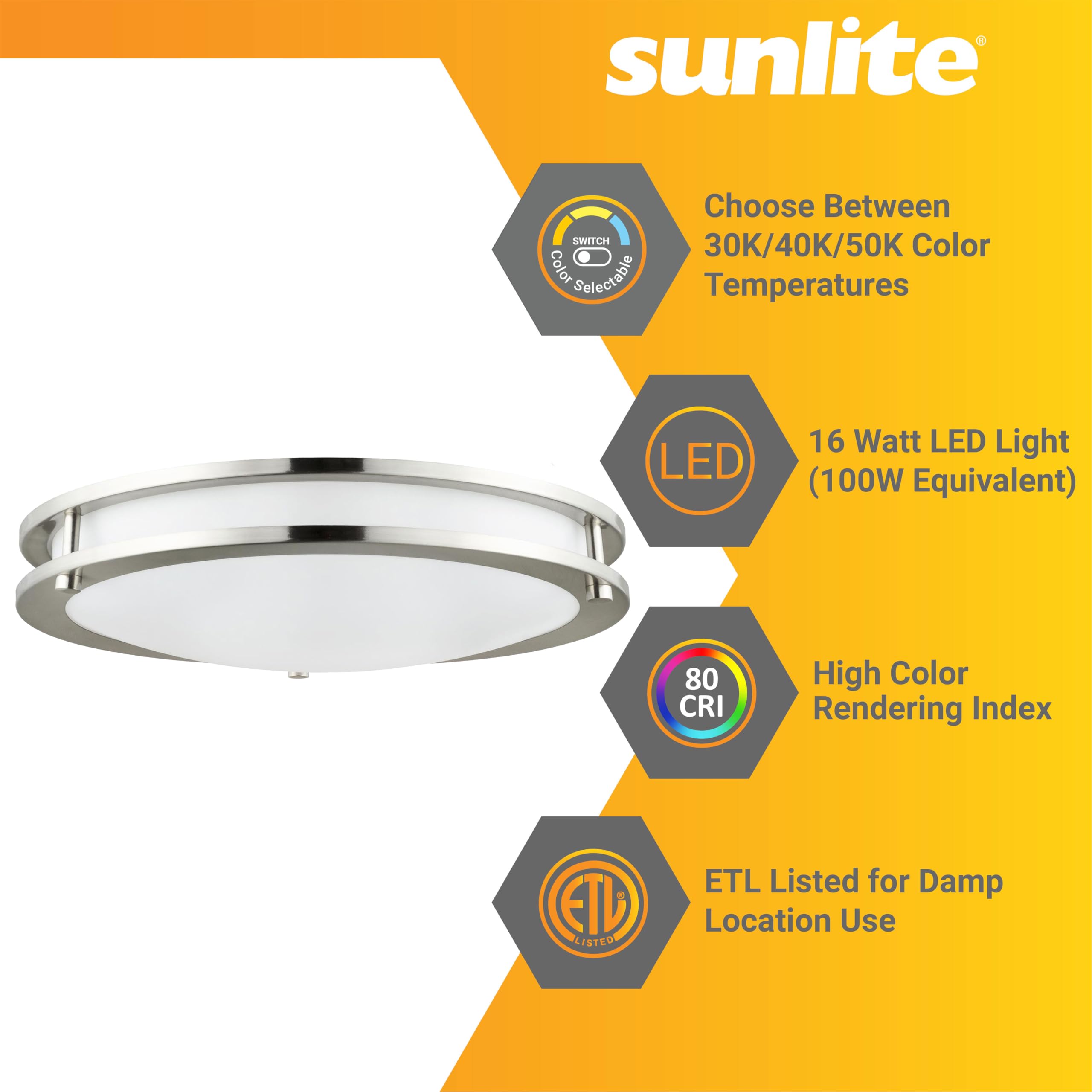 Sunlite 87773 18-Inch LED Flush Mount Ceiling Light Fixture - 28W (100W Equivalent), 2000 Lumens, Adjustable CCT 2700K-5000K, Dimmable, 50K Hours Lifespan, Brushed Nickel - Perfect for Bedroom, Kitchen, Hallway & Office Lighting