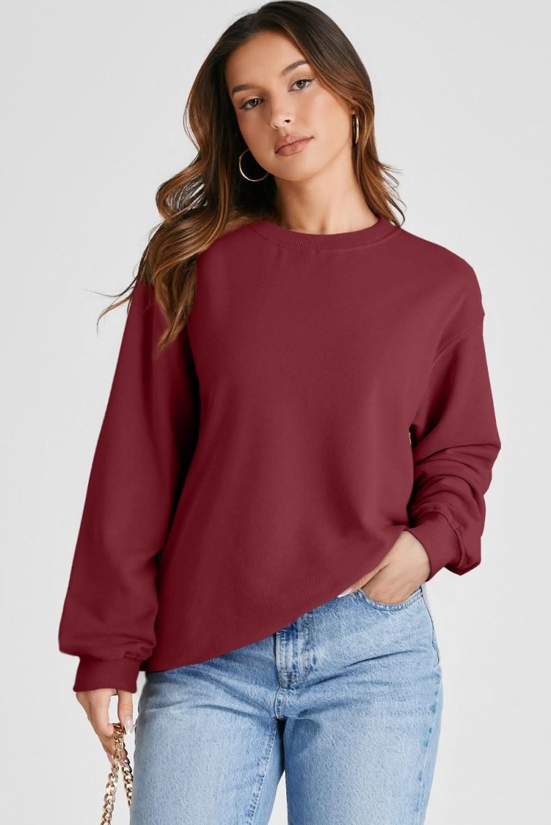 Burgundy Plain Drop Shoulder Crewneck Pullover Sweatshirt for Women - Casual Loose Fit Long Sleeve Sweater for Fall Winter Fashion, Lounge, Travel & Everyday Wear