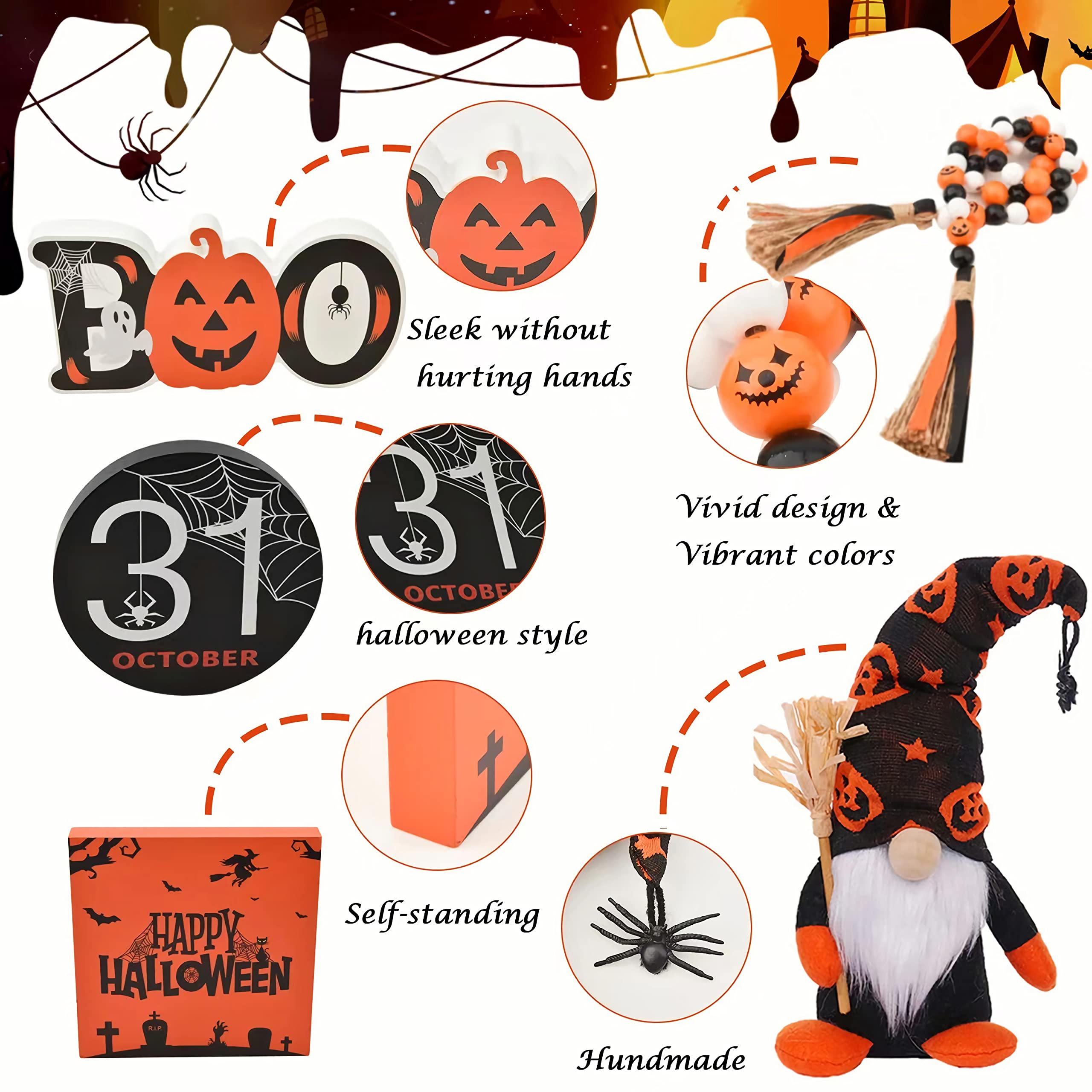 Halloween Tiered Tray Decor Set - Rustic Farmhouse Wooden Sign with Cute Gnomes, Plush & Bead Garland - Indoor Home Decor for Table, Desk, Room - Perfect for Fall Parties, Thanksgiving Centerpiece & Seasonal Home Styling