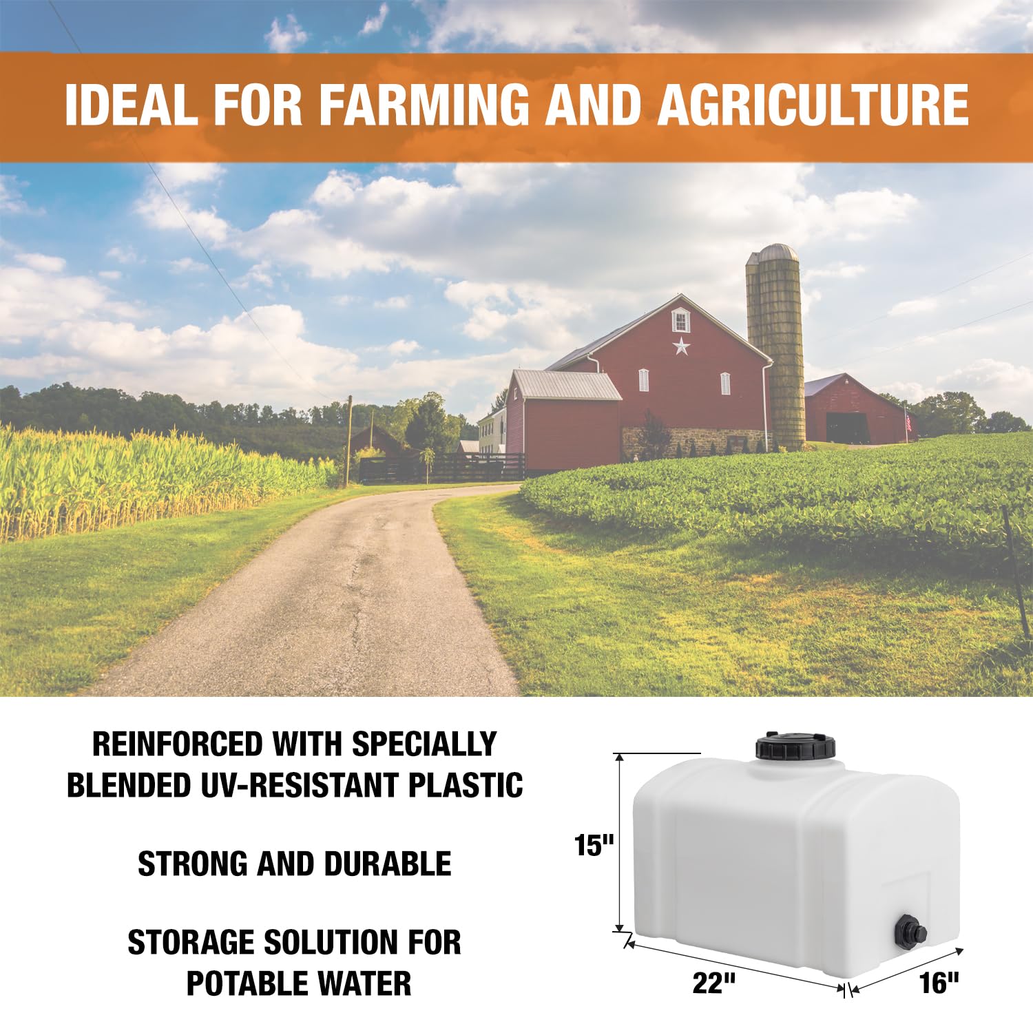 RomoTech 82123889 16-Gallon Polyethylene Domed Water Storage Tank - Made in USA, Rust & Corrosion Proof for Water & Non-Flammable Liquids - Ideal for Agricultural, Industrial & Emergency Water Supply