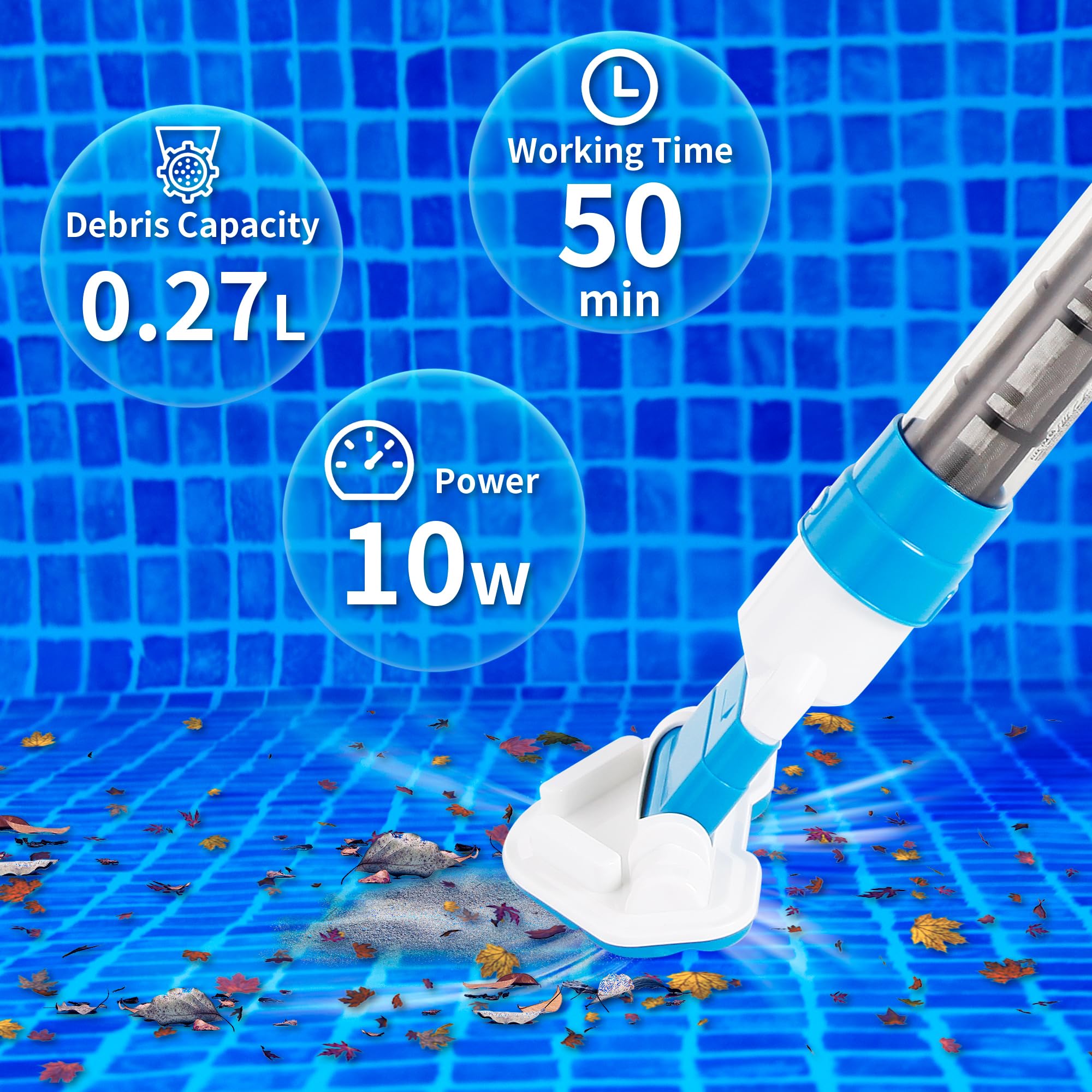 Cordless Handheld Pool Vacuum Cleaner with Replaceable Brush Head & Telescopic Pole - Rechargeable Spa & Hot Tub Cleaner for Above Ground Pools | Perfect for Quick Cleaning of Small Pools, Hot Tubs, and Spas