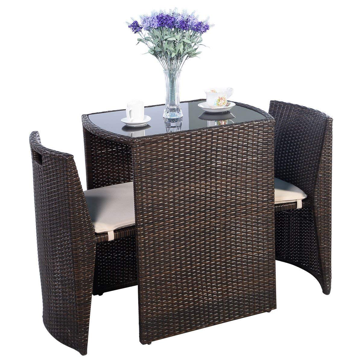 Giantex 3-Piece Outdoor Patio Furniture Set - Cushioned Wicker Bistro Sofa for Garden, Lawn, Balcony - Space-Saving Conversation Set, No Assembly Required (Brown) - Perfect for Relaxing, Entertaining, and Outdoor Dining