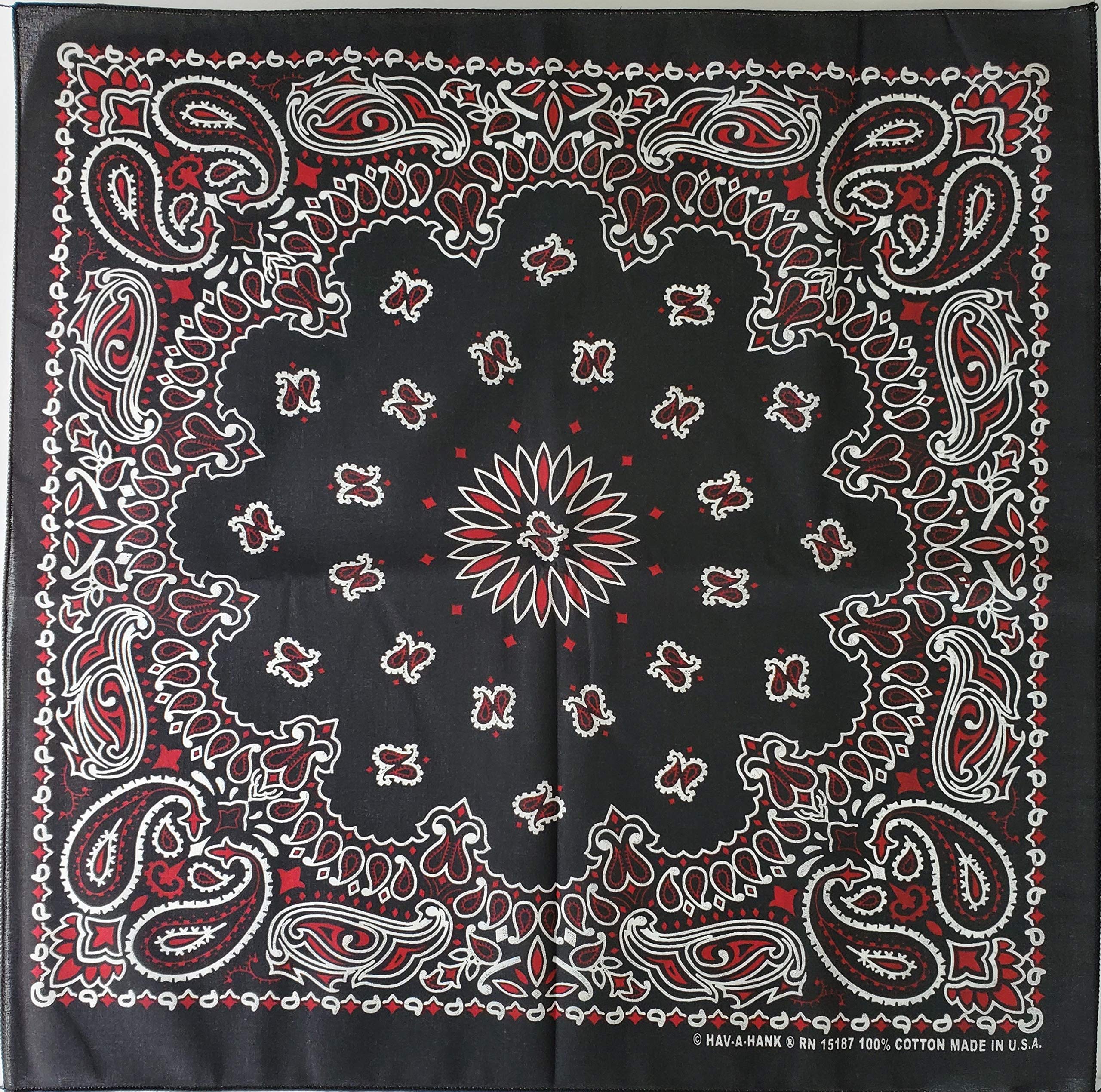 100% Cotton Paisley Bandana - 22 Inch Black & Red Bandanna Made in USA | Fashion Accessory, Headwear, Neck Scarf for Men & Women