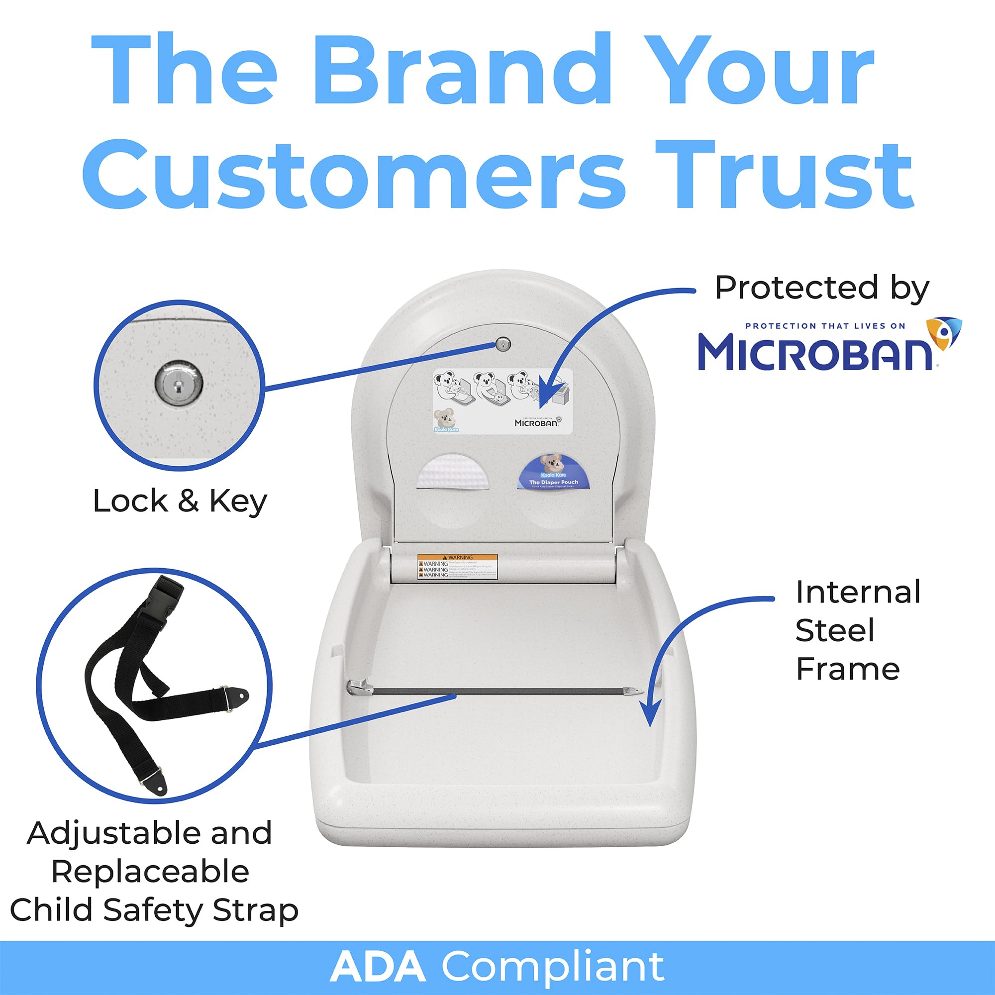 Koala Kare KB301-05 Vertical Wall Mount Baby Changing Station - Foldable Plastic Diaper Table with Safety Straps (White Granite) for Nursery, Daycare & Public Restrooms