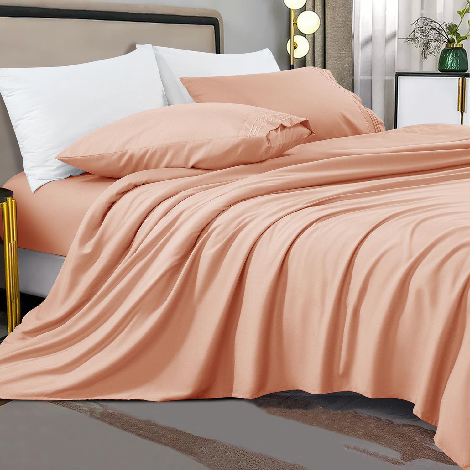 Shilucheng King Size Bed Sheets Set - 1800 Thread Count Microfiber Percale, Super Soft & Comfortable, 16 Inch Deep Pocket, 4 Piece (King, Coral) | Luxury Bedding for Master Bedroom, Guest Room & Hotel Use