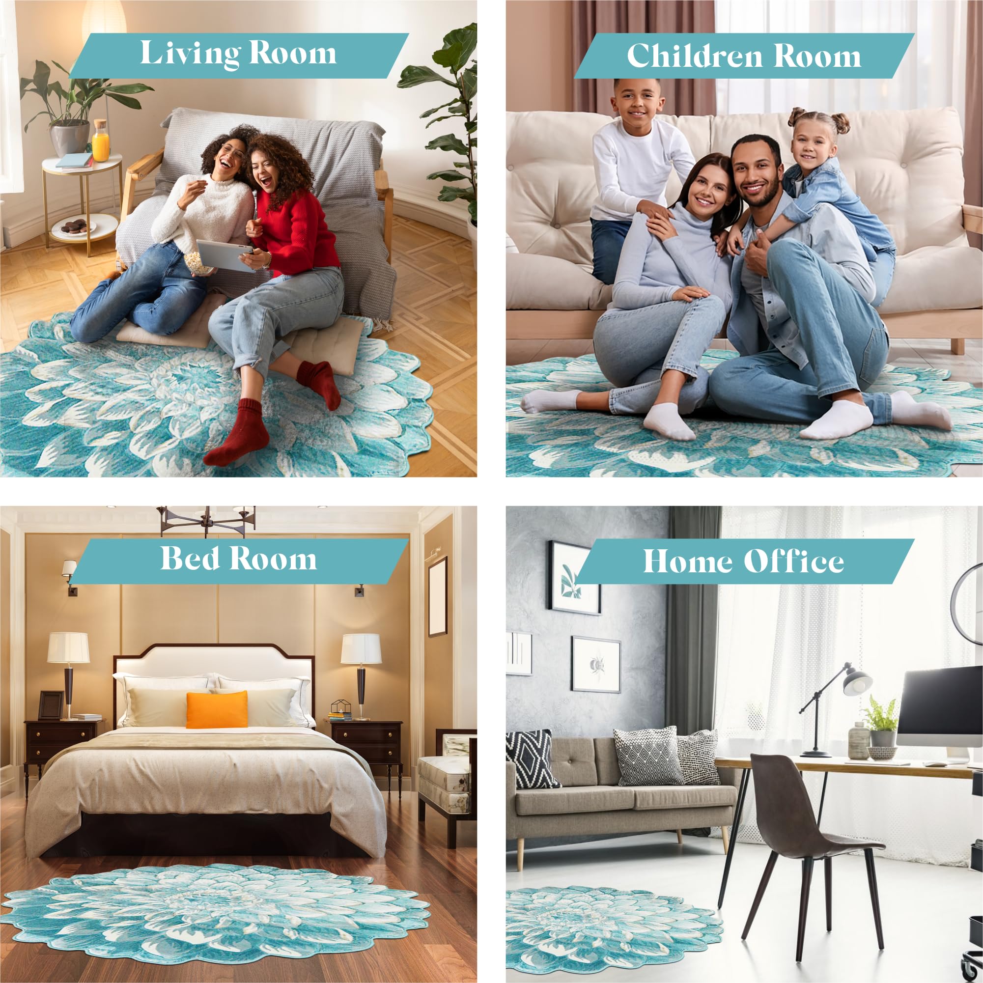 6ft Round Flower Shaped Area Rug - Soft Plush Circle Carpet for Bedroom, Living Room & Nursery | Non-Slip Girly Home Decor (Blue) - Perfect for Boho Chic Decor, Kids Room & Cozy Floor Seating