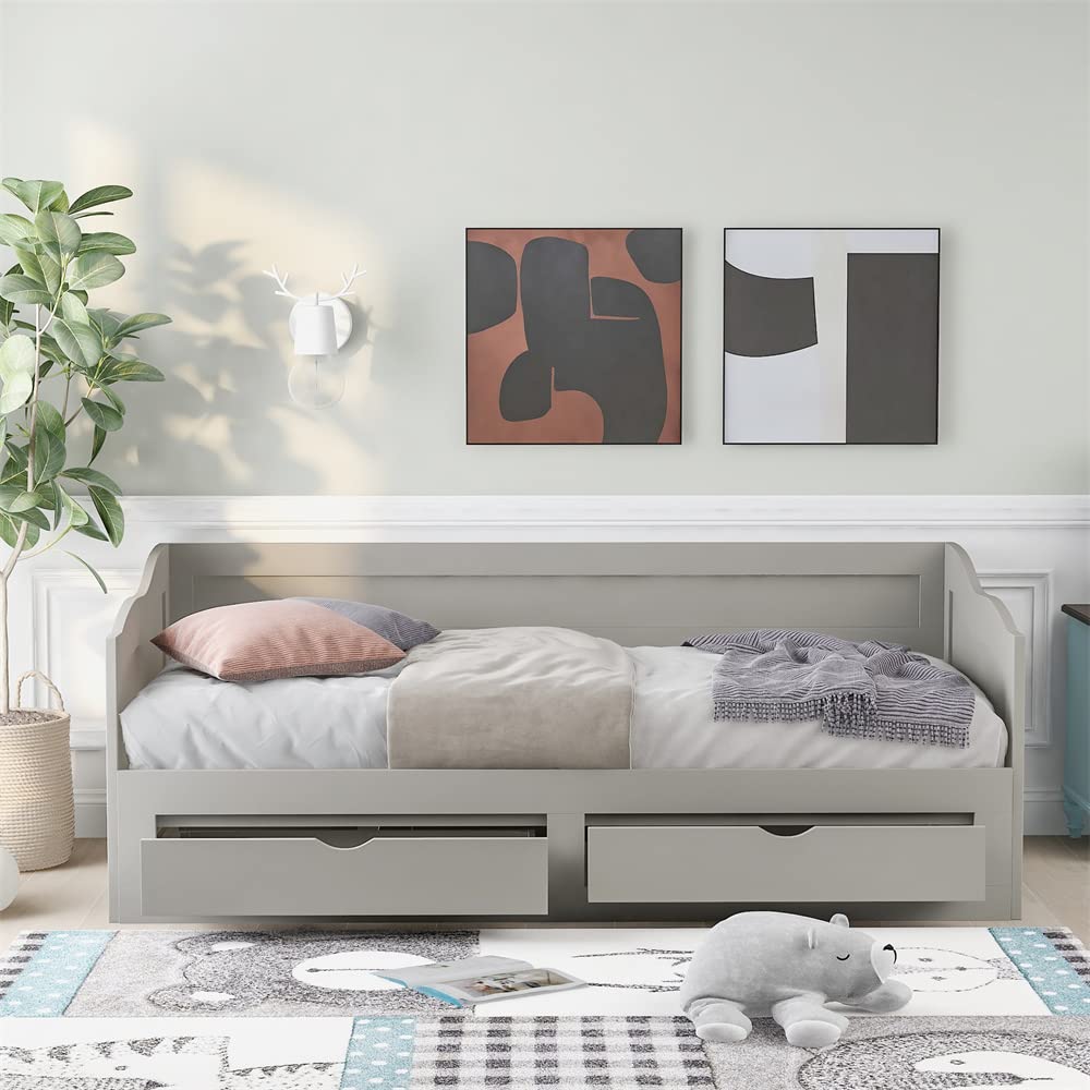 Twin Size Wooden Daybed with Trundle & 2 Storage Drawers - Extendable Guest Bed for Bedroom, Dorm, or Living Room - Space-Saving Gray Sofa Bed with Underbed Storage | Perfect for Small Spaces, Sleepovers & Studio Apartments