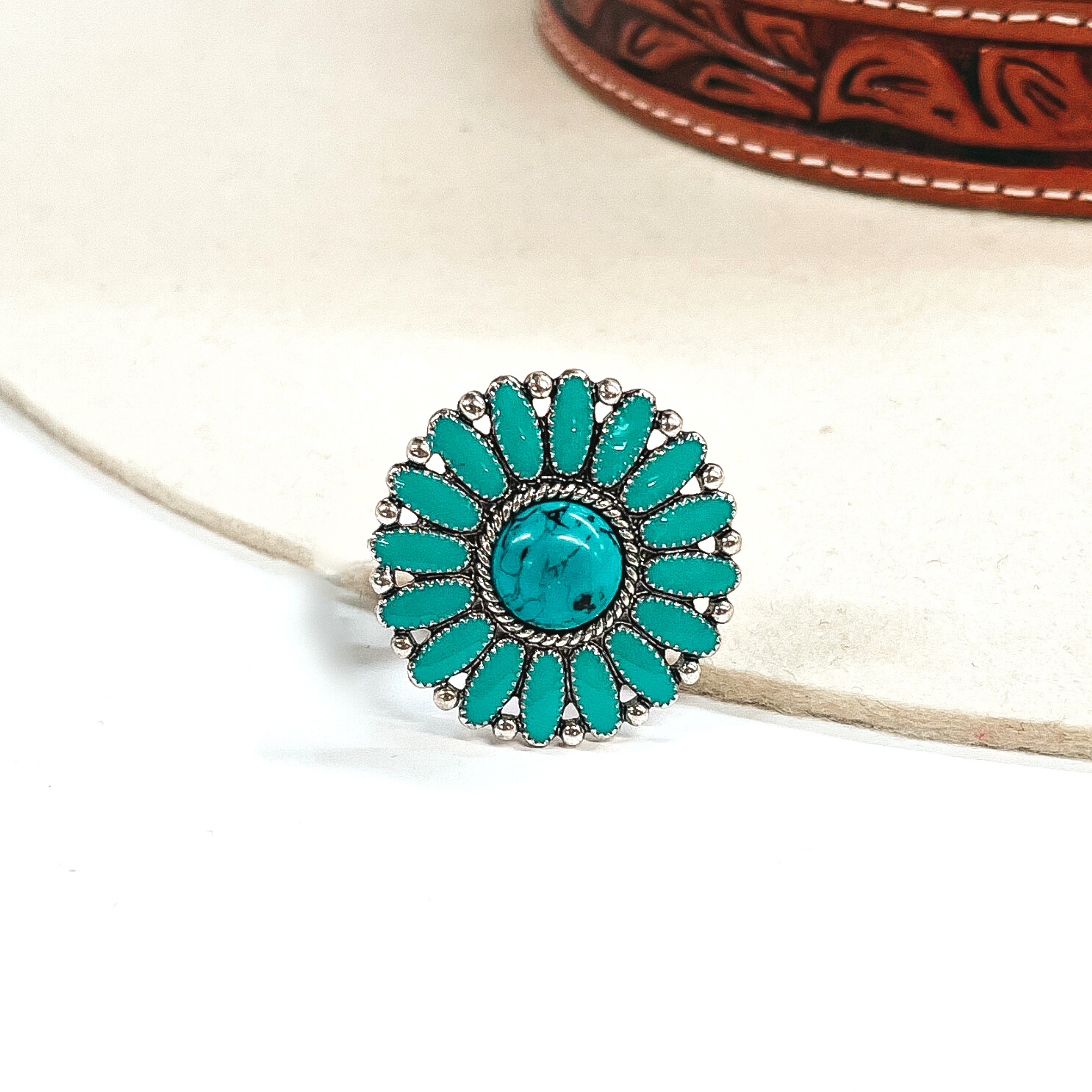 Turquoise Cluster Epoxy Ring in Silver Tone - Boho Style Statement Jewelry for Women - Perfect for Festivals, Parties & Everyday Wear