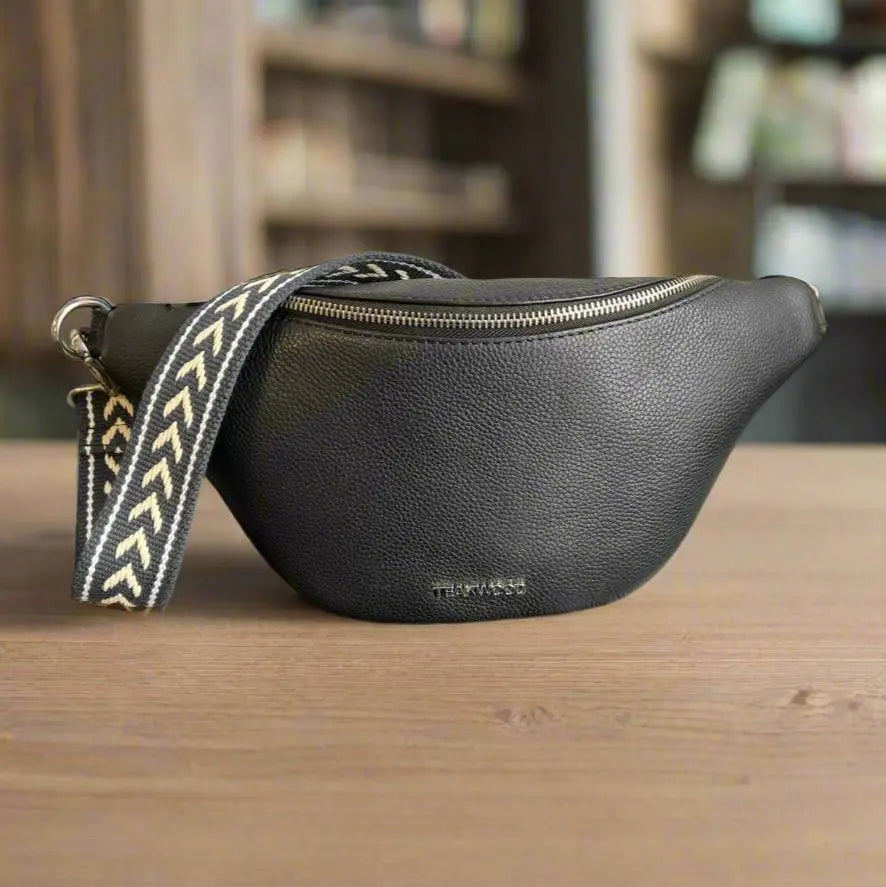 Stylish Sheep Leather Waist Bag with Decorative Patterned Strap - Perfect for Travel, Hiking & Everyday Use