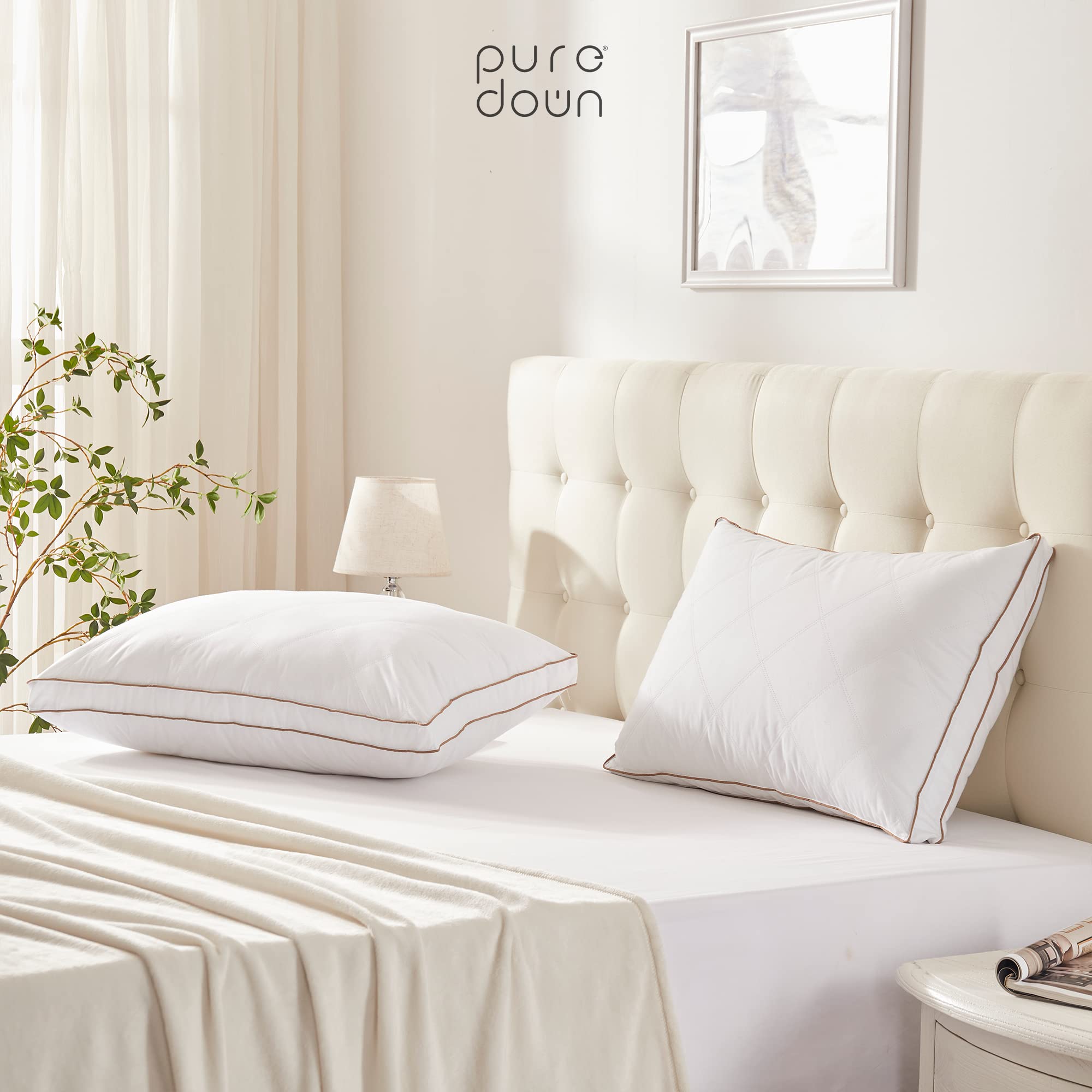 Premium Puredown Goose Feather & Down Pillow Set of 2 - King Size Gusseted Hotel Collection Bed Pillows for Side, Back & Stomach Sleepers - Luxury Comfort for Home & Travel Use