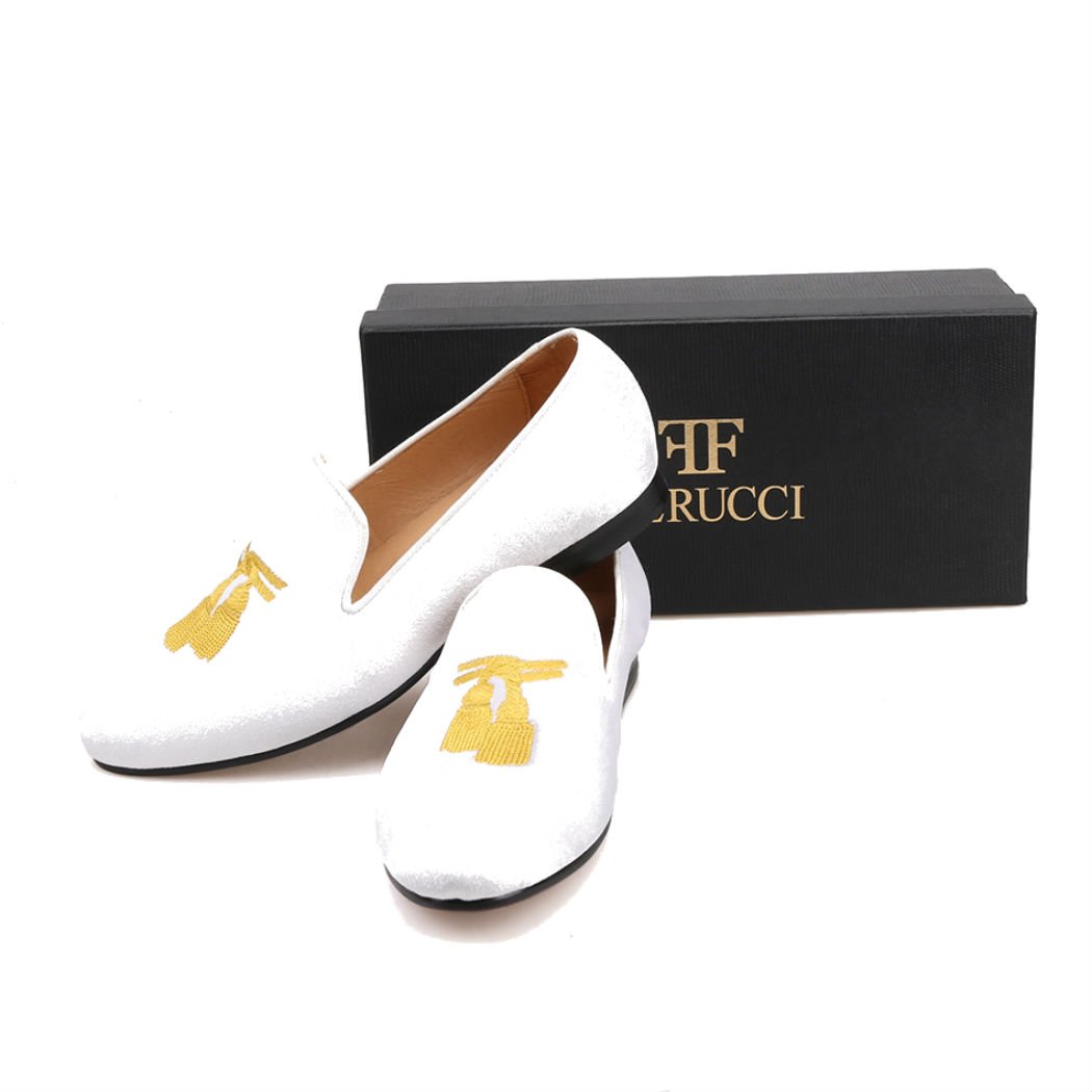 FERUCCI Men's White Velvet Loafers with Gold Embroidered Tassel - Comfortable House Slippers for Indoor & Lounge Wear