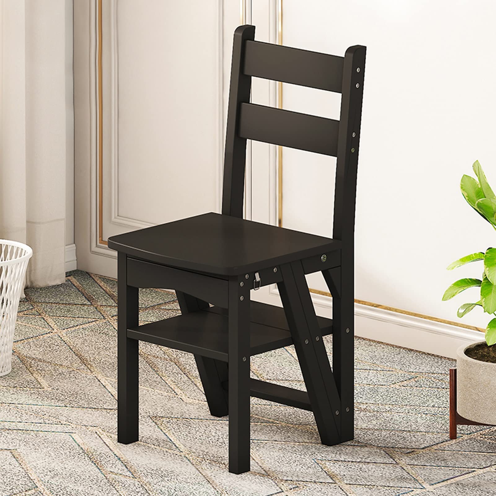 4-Step Wooden Folding Ladder Stool - Portable Step Stool for Kitchen, Bathroom, Office, Library - Non-Slip Safety Ladder Chair for Home Use, Climbing & Reaching High Places