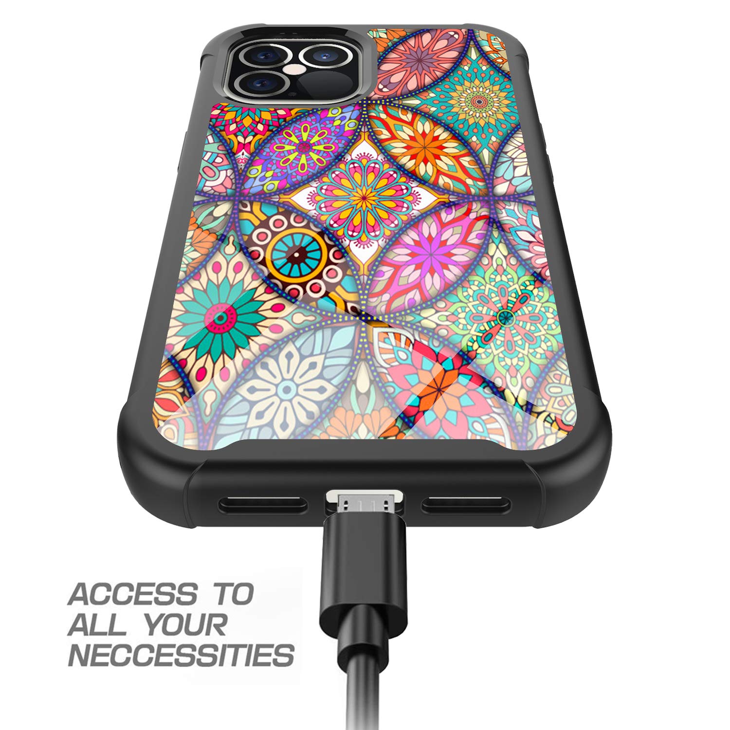 iPhone 12 Pro Max Case 6.7 Inch - Rosebono Hybrid IMD Design, Anti-Scratch Silicone Cover with Colorful Mandala Pattern | Fashion Protection for Women & Teens | Perfect for Daily Use, Work & Travel