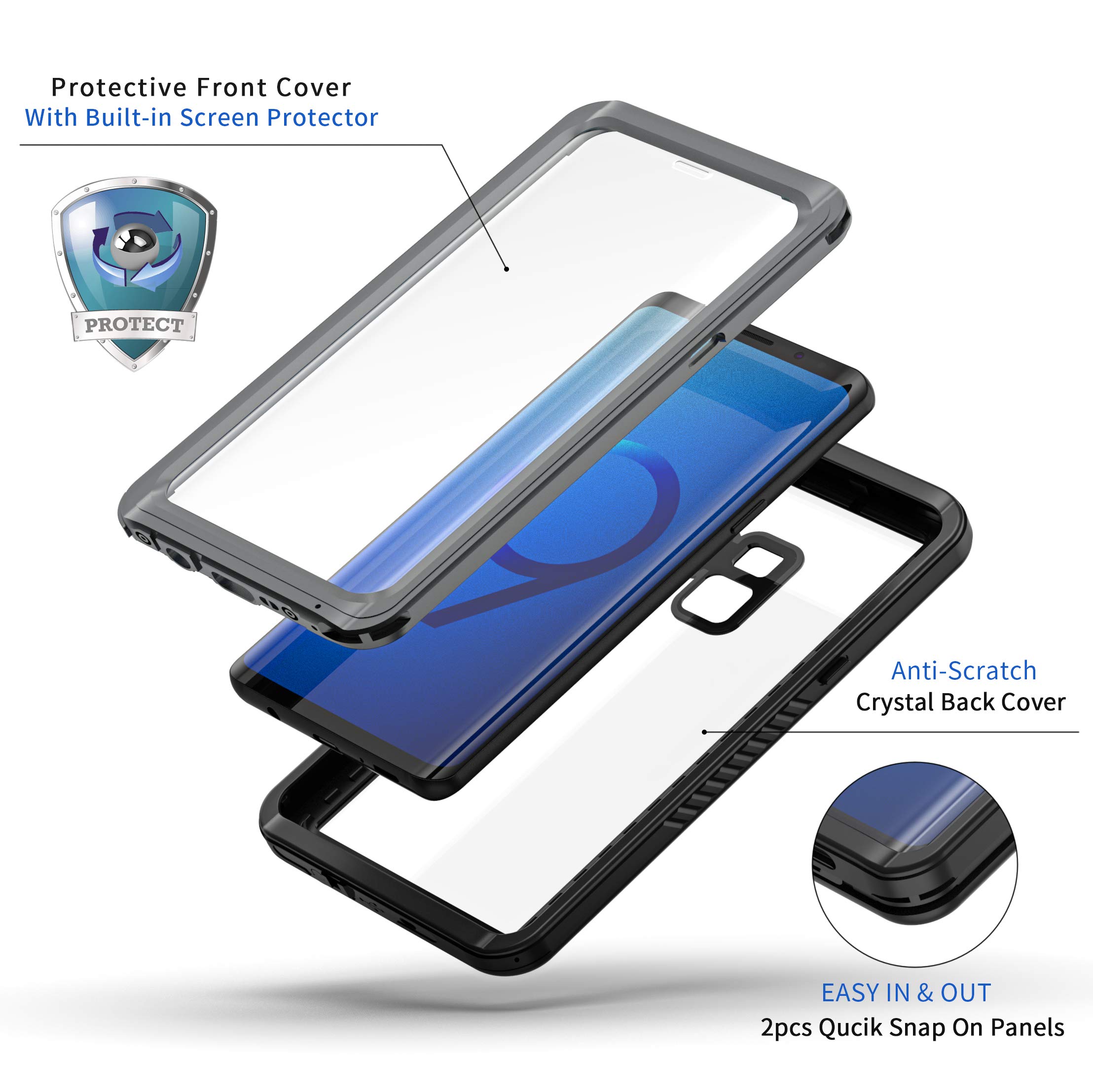 **Lanhiem Rugged IP68 Waterproof Case for Samsung Galaxy S9 – Shockproof, Dustproof with Built-in Screen Protector – Full Body Protection (Black/Gray) – Ideal for Outdoor, Work & Extreme Activities**