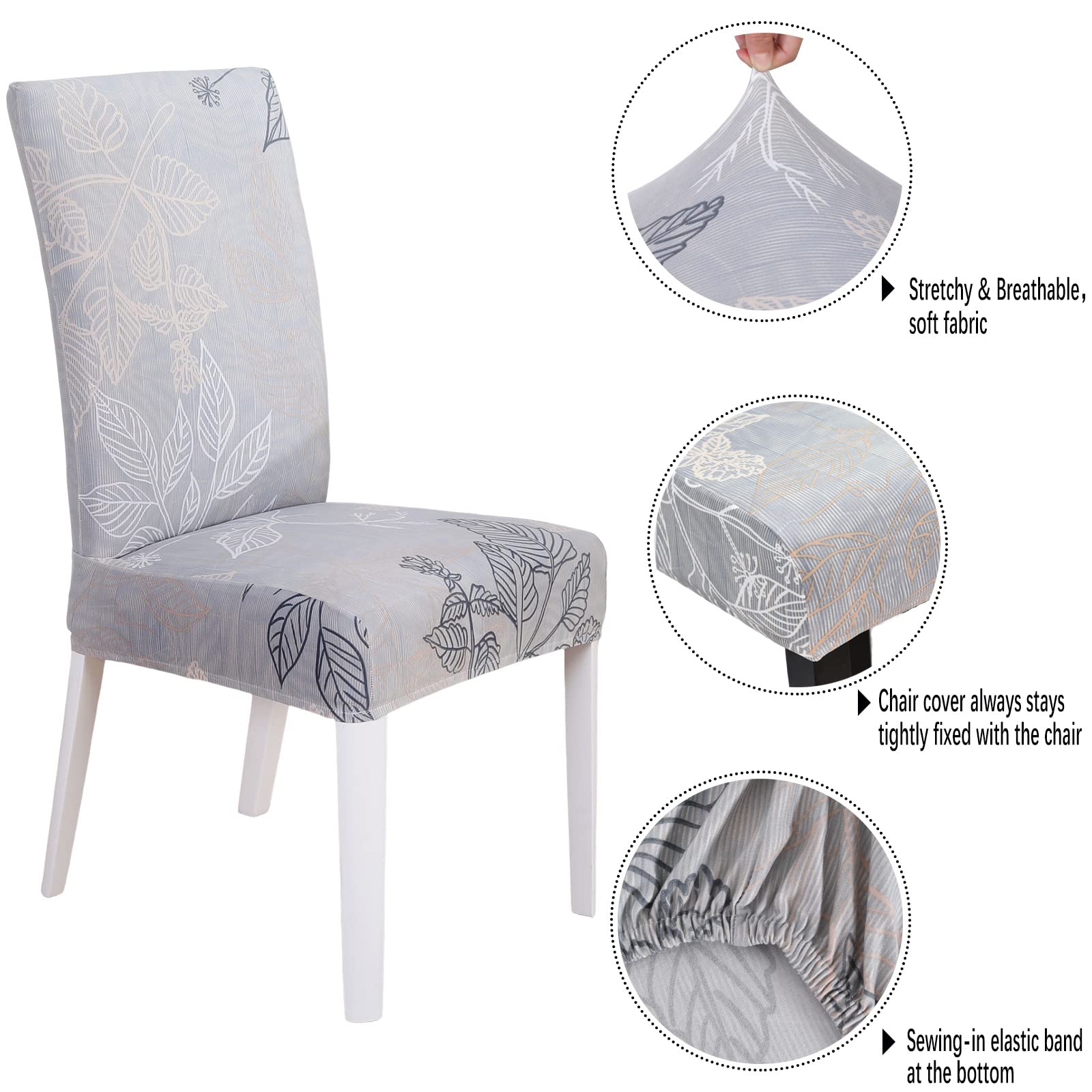 Stretch Parsons Chair Slipcovers Set of 2 - Washable Spandex Dining Room Chair Covers with Leaf Grey Print | Perfect for Hotel, Office, Wedding, Banquet & Home Decor | Seat Protector for Dining Chairs, Ceremony & Party Events