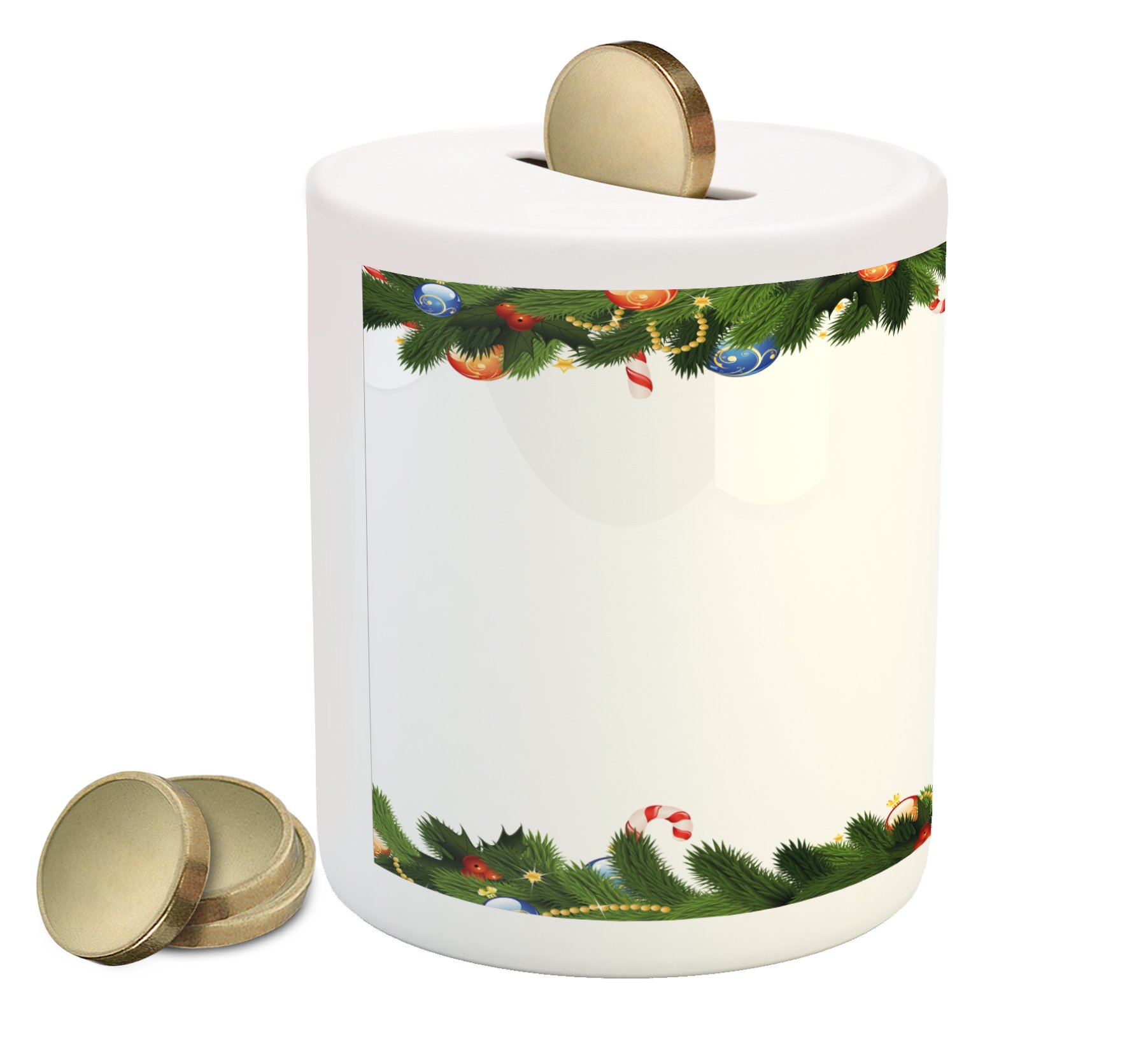 Ambesonne Ceramic Piggy Bank - Christmas Fir Tree with Candy Canes & Baubles Design, Holiday Money Box for Cash Savings | Perfect Gift for Kids, Christmas Decor & Winter Holiday Savings (Multicolor)