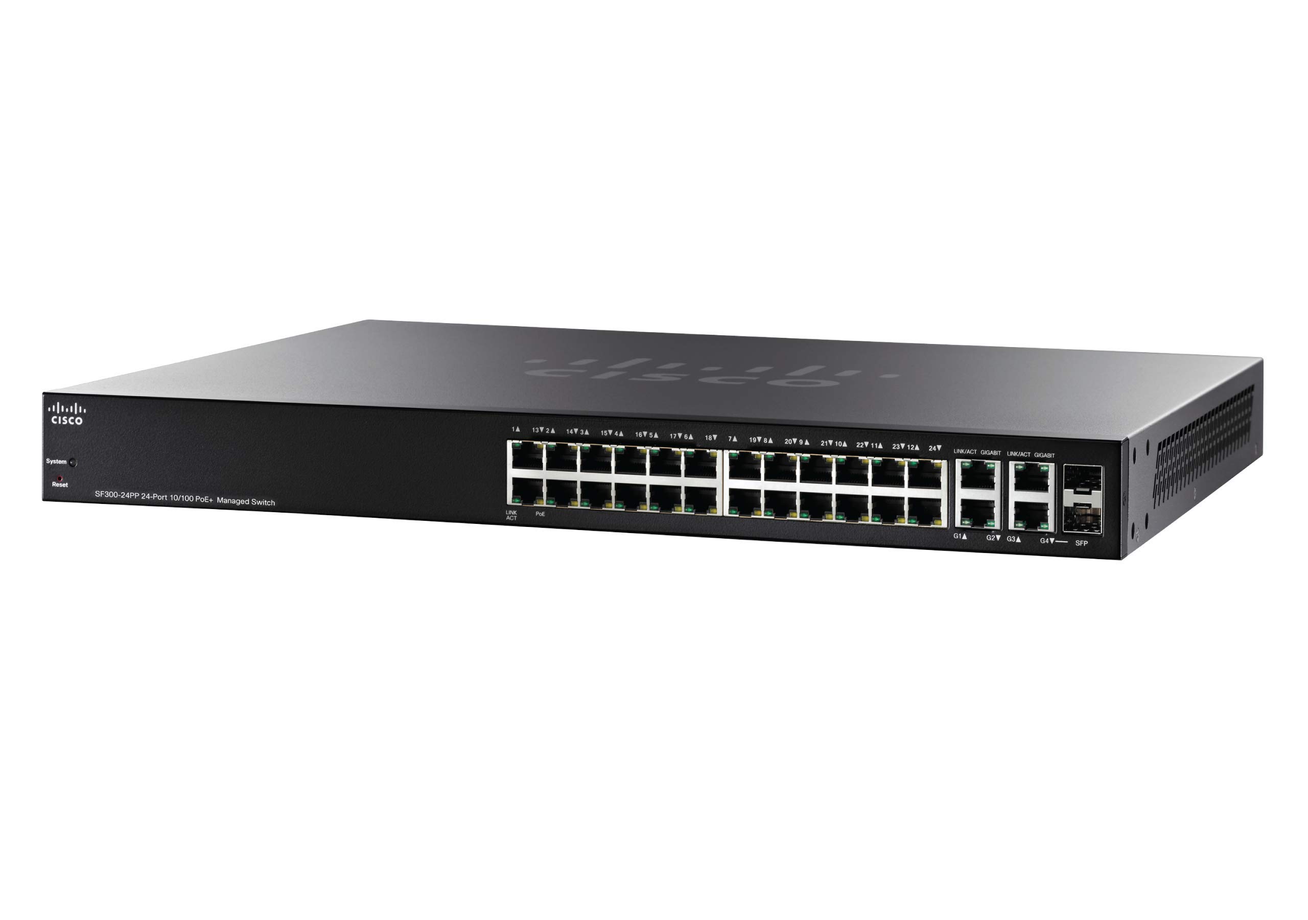 Cisco SF300-24PP-K9-NA 24-Port 10/100 PoE Managed Network Switch with Gigabit Uplinks | Small Business Enhanced Limited Hardware Warranty | Ideal for Office Networking, Surveillance Systems & VoIP Phone Setups | Remanufactured