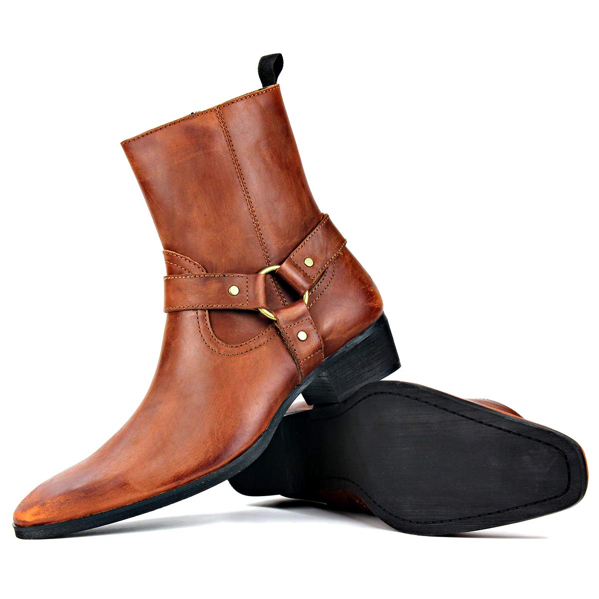 OSSTONE Men's Leather Chelsea Ankle Boots - Side Zipper Chukka Motorcycle Boots with Retro Heel (JY017-R) | Casual Wear, Riding & Dress Boots for Men