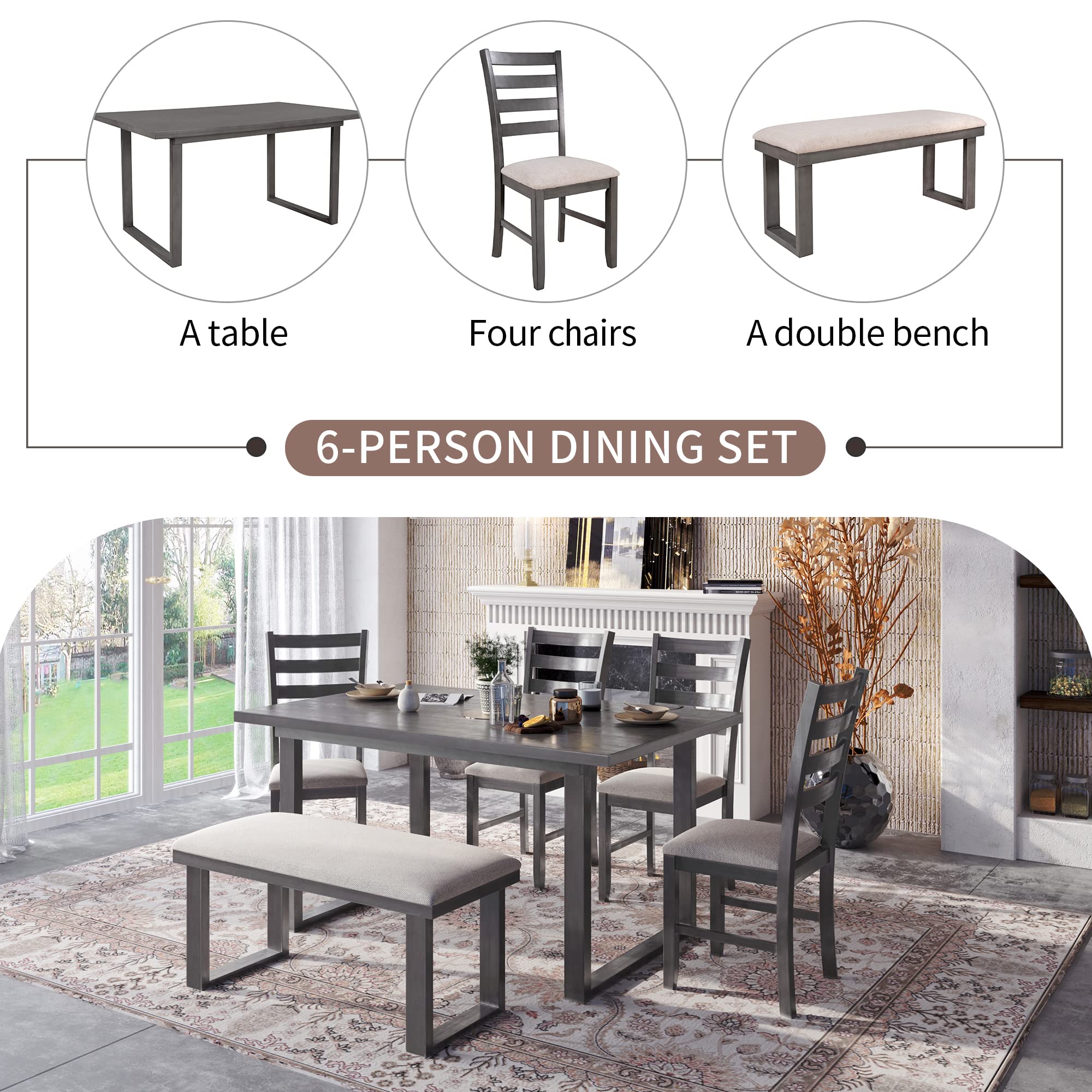 **6-Person Kitchen Dining Set with Table, 4 Chairs & Bench - High-Density Cushion Seating - Perfect for Family Meals, Entertaining & Small Spaces**