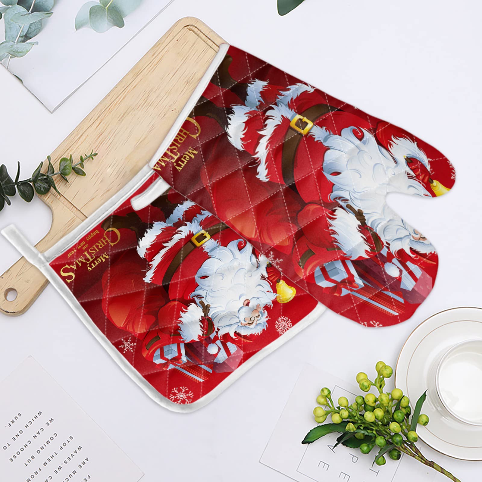Premium Oven Mitts - Heat Resistant BBQ Gloves for Baking, Cooking & Microwave Use - Non-Slip Thermal Insulation Hot Pads & Pot Holders - Christmas Santa Claus & Snowflake Design - Perfect for Holiday Gifts, Kitchen Safety & Handling Hot Cookware