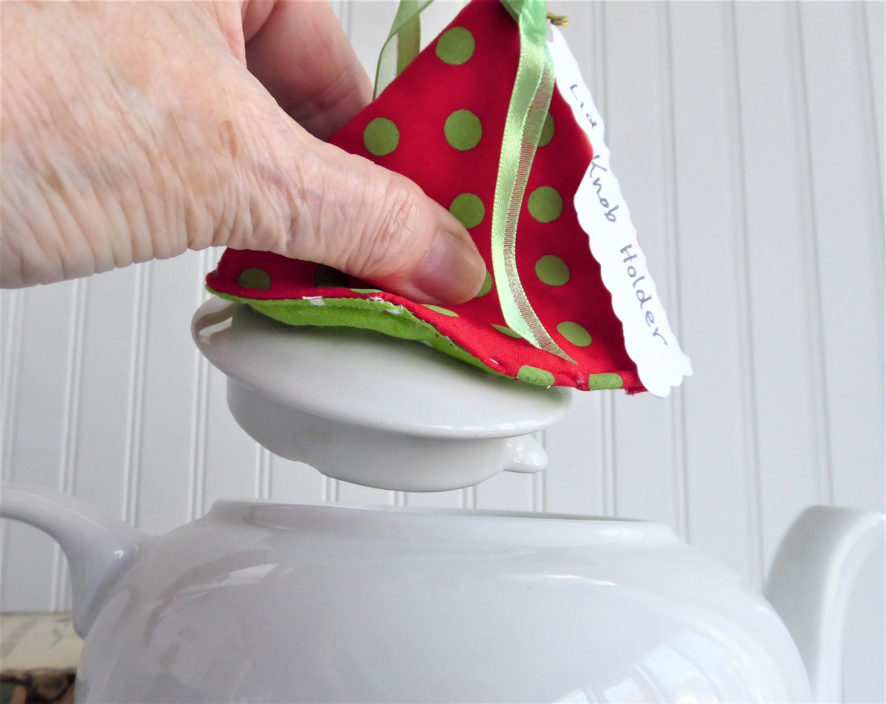 Red and Green Polka Dot Teapot Knob Holder - Padded with White and Green Polka Dots Inside - Perfect for Hot Teapots, Kettles, and Kitchen Safety Accessories