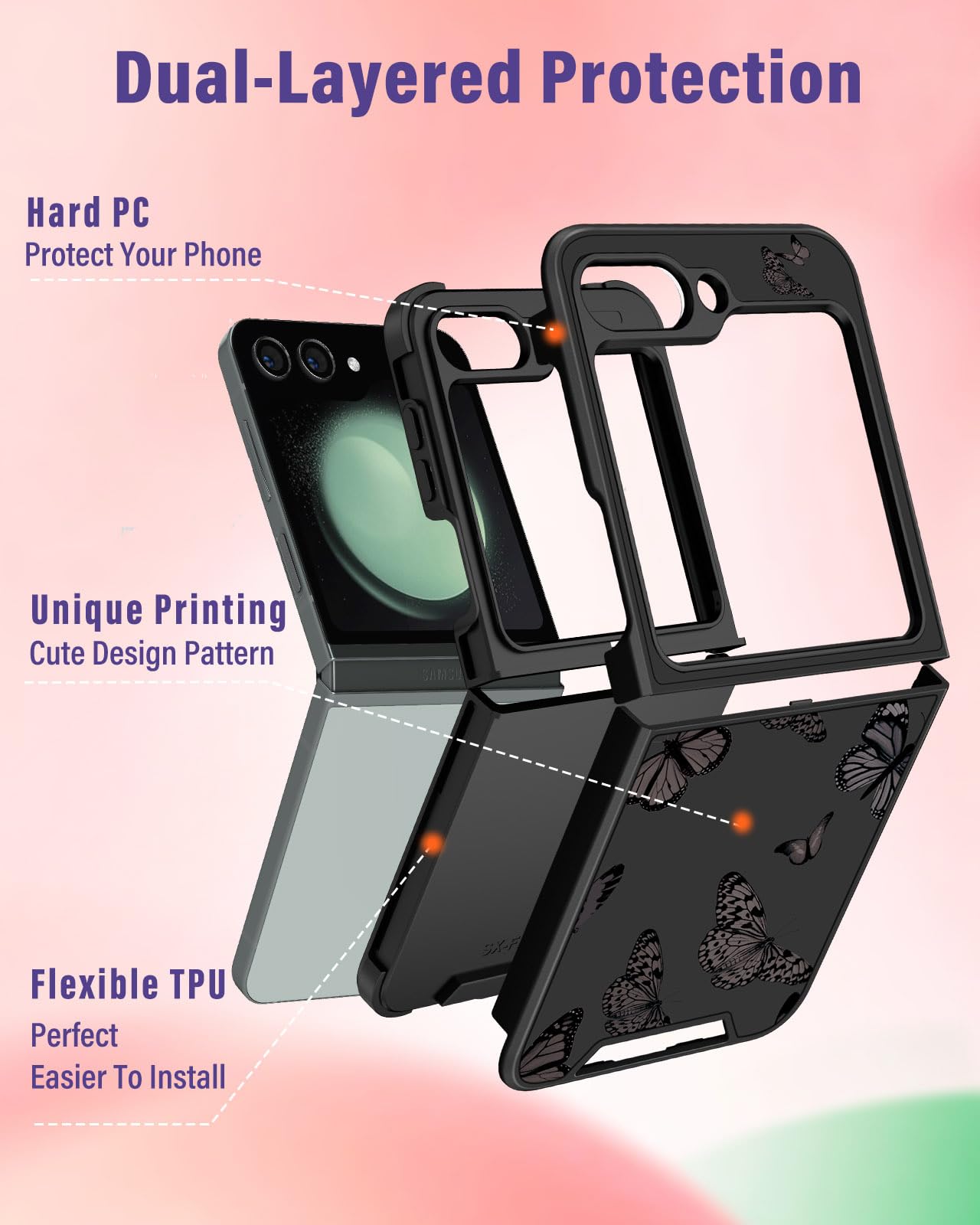 2in1 Cute Butterfly Design Samsung Galaxy Z Flip 5 Case for Women - Aesthetic Girly Phone Cover with Ring Stand (6.7