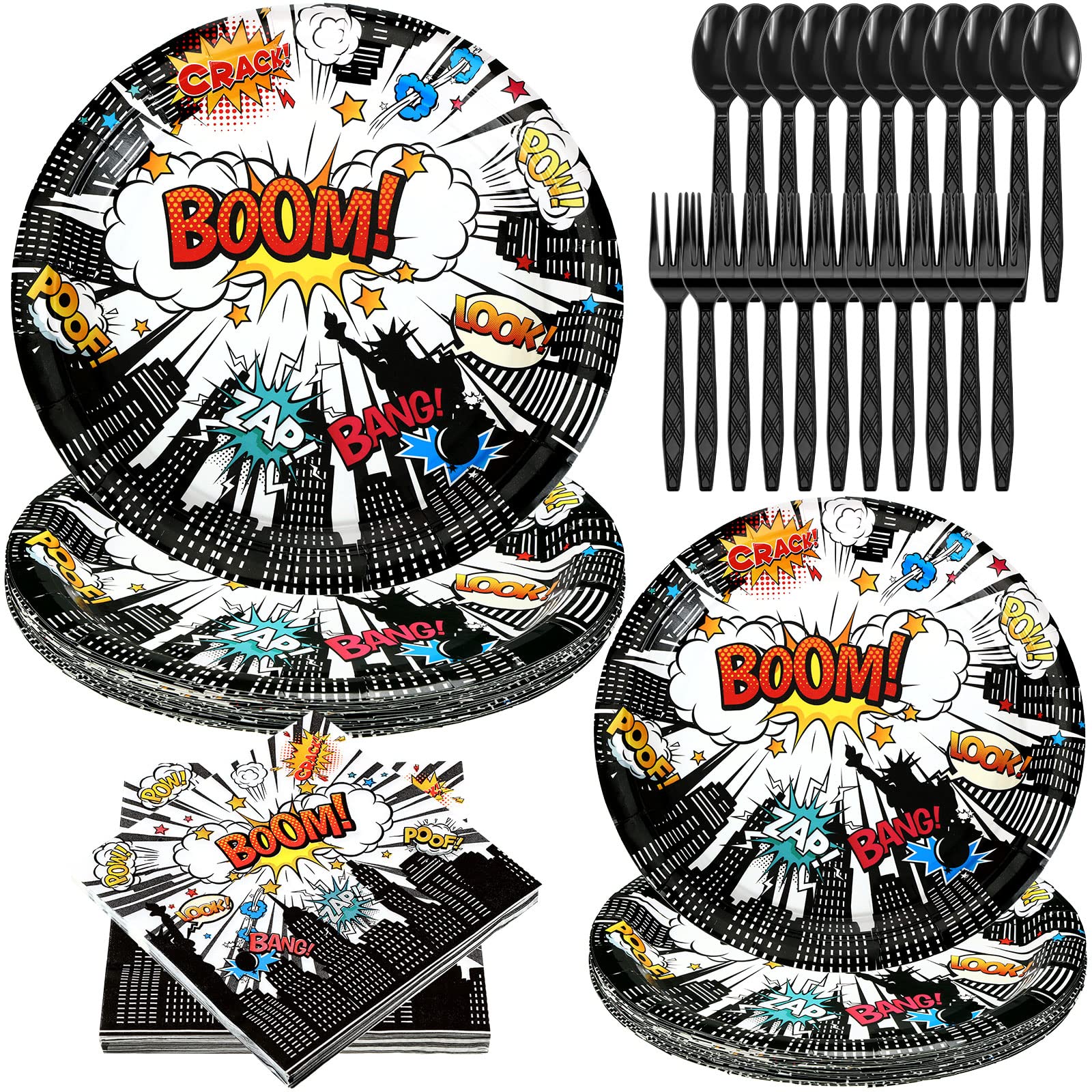 100-Piece Hero Party Supplies Set - 7 & 9 Inch Hero Plates, Napkins, Forks & Spoons for 20 Guests | Birthday Party Decorations (Boom Style) | Perfect for Superhero Themed Parties, Kids Birthdays & Comic-Inspired Events