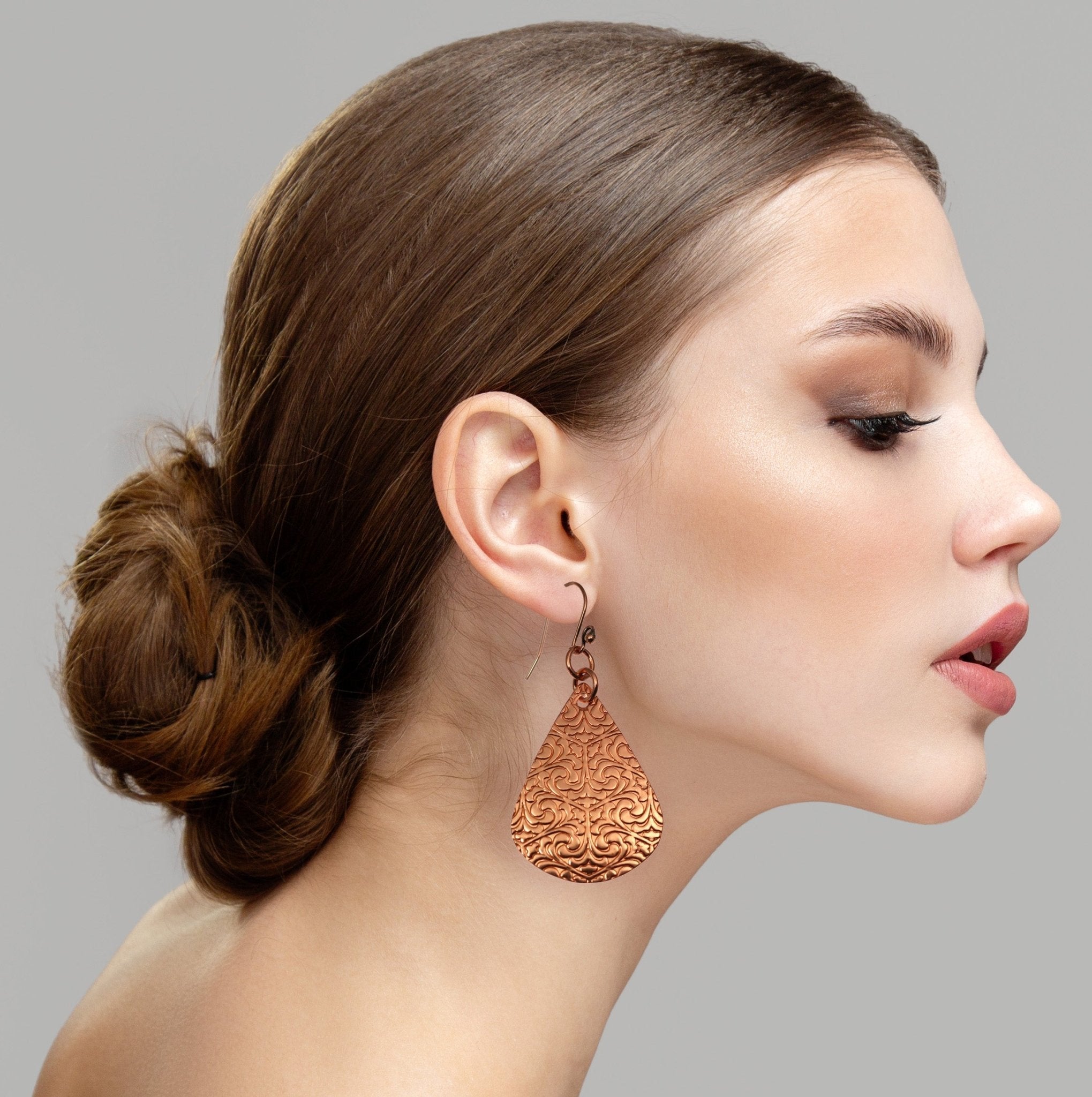 Large Damask Embossed Copper Teardrop Earrings for Women - Vintage Dangle Drop Earrings for Party, Wedding & Evening Outfits
