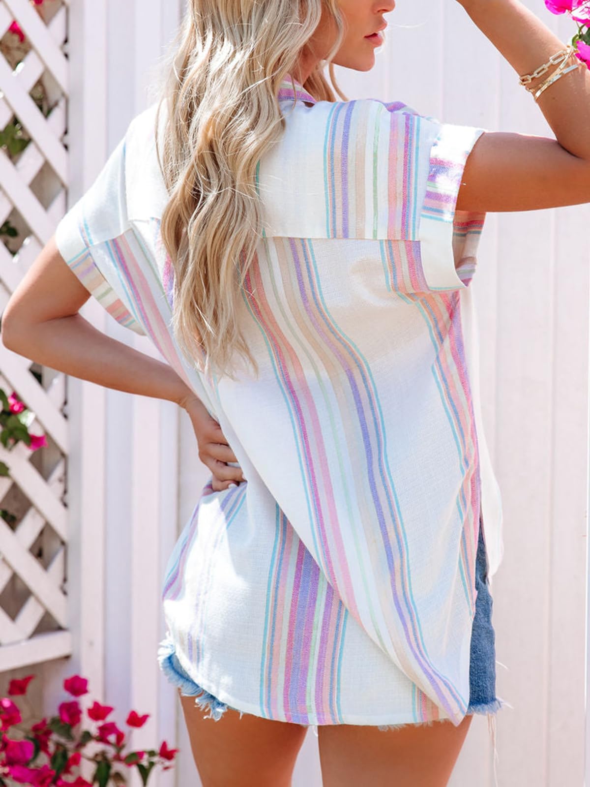 Women's Linen Short Sleeve Button Down Shirt - V Neck Collared Striped Casual Blouse with Pocket | Summer Tops for Work, Travel & Everyday Wear
