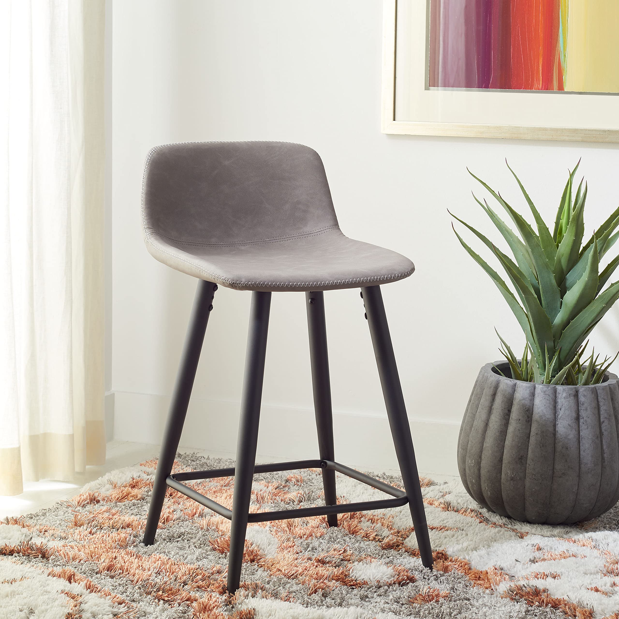 Safavieh Asena 24-inch Faux Leather Counter Stool - Grey & Black Kitchen Island Bar Stool for Breakfast Nook, Dining Pub & Home Decor