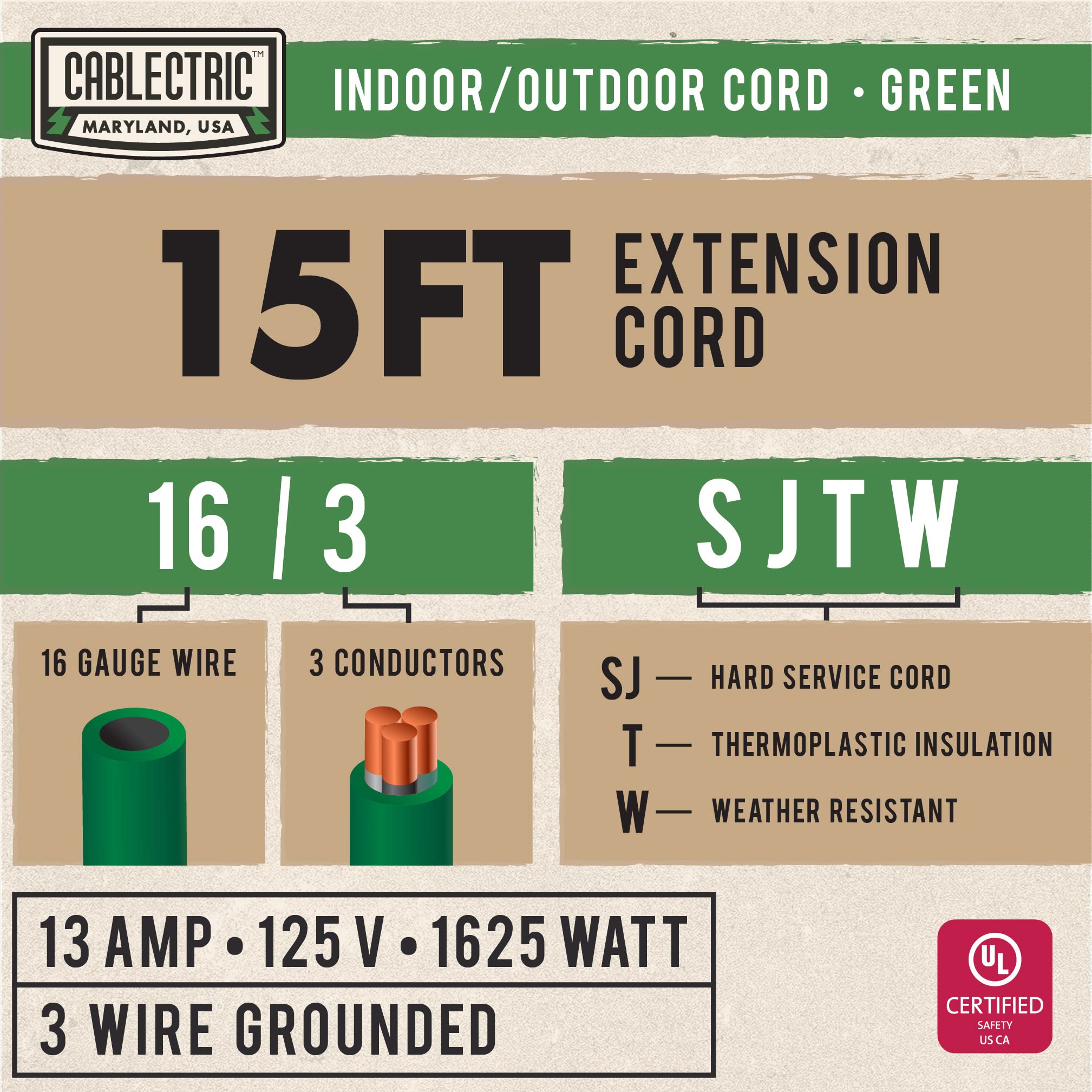 15 ft Outdoor Extension Cord - 16/3 SJTW Heavy Duty Weatherproof Power Cable, 13 Amp, 3 Prong, Green - Perfect for Landscaping, Outdoor Lights & Exterior Power Needs