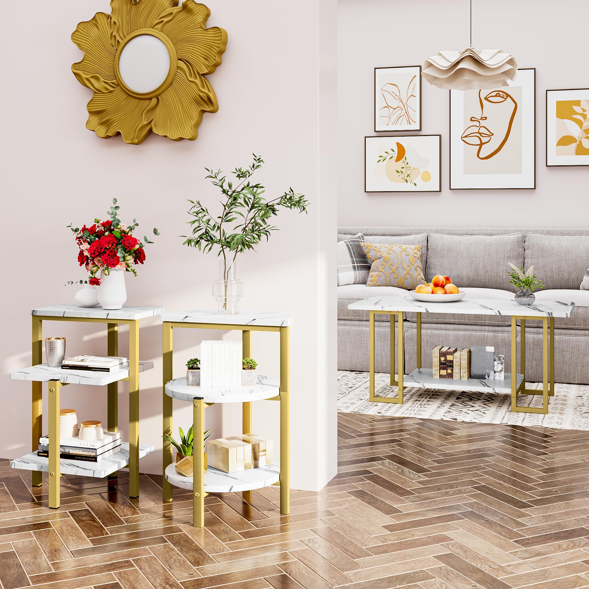 Lamerge 3-Piece Coffee Table Set - Rectangle Coffee Table & 2 Accent Tables with Faux Marble Tabletop, Multi-Tier Storage - White & Gold Living Room Furniture for Small Spaces, Apartments | Perfect for Modern Home Decor, Coffee Time & Living Room Organization (LCTS-wg)