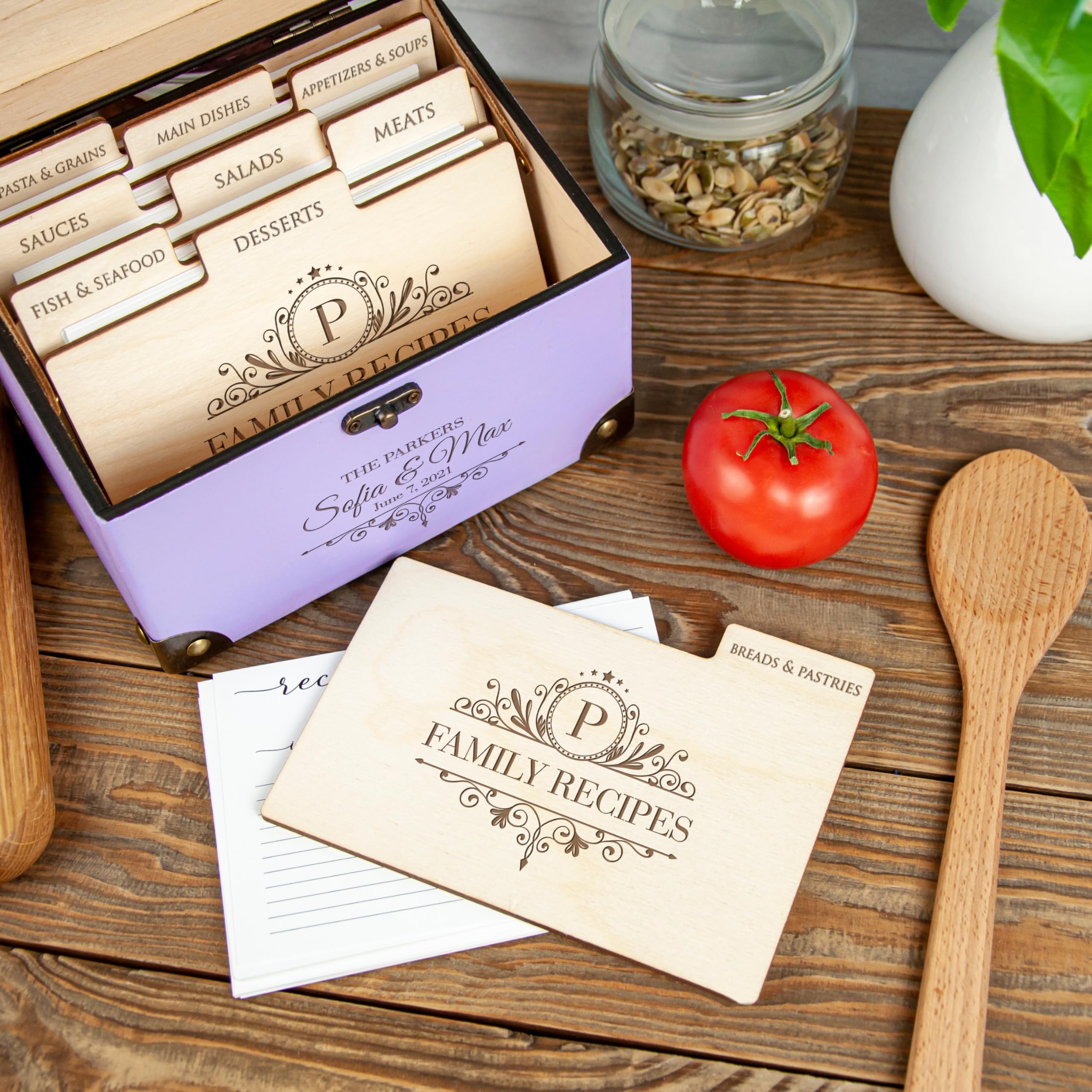 Personalized Wooden Recipe Box for Wedding & Bridal Shower - Custom Recipe Card Organizer with 9 Dividers & Blank Cards - Unique Housewarming & Christmas Gift for Couples - Perfect for Kitchen Organization, Recipe Storage & Family Cooking Memories