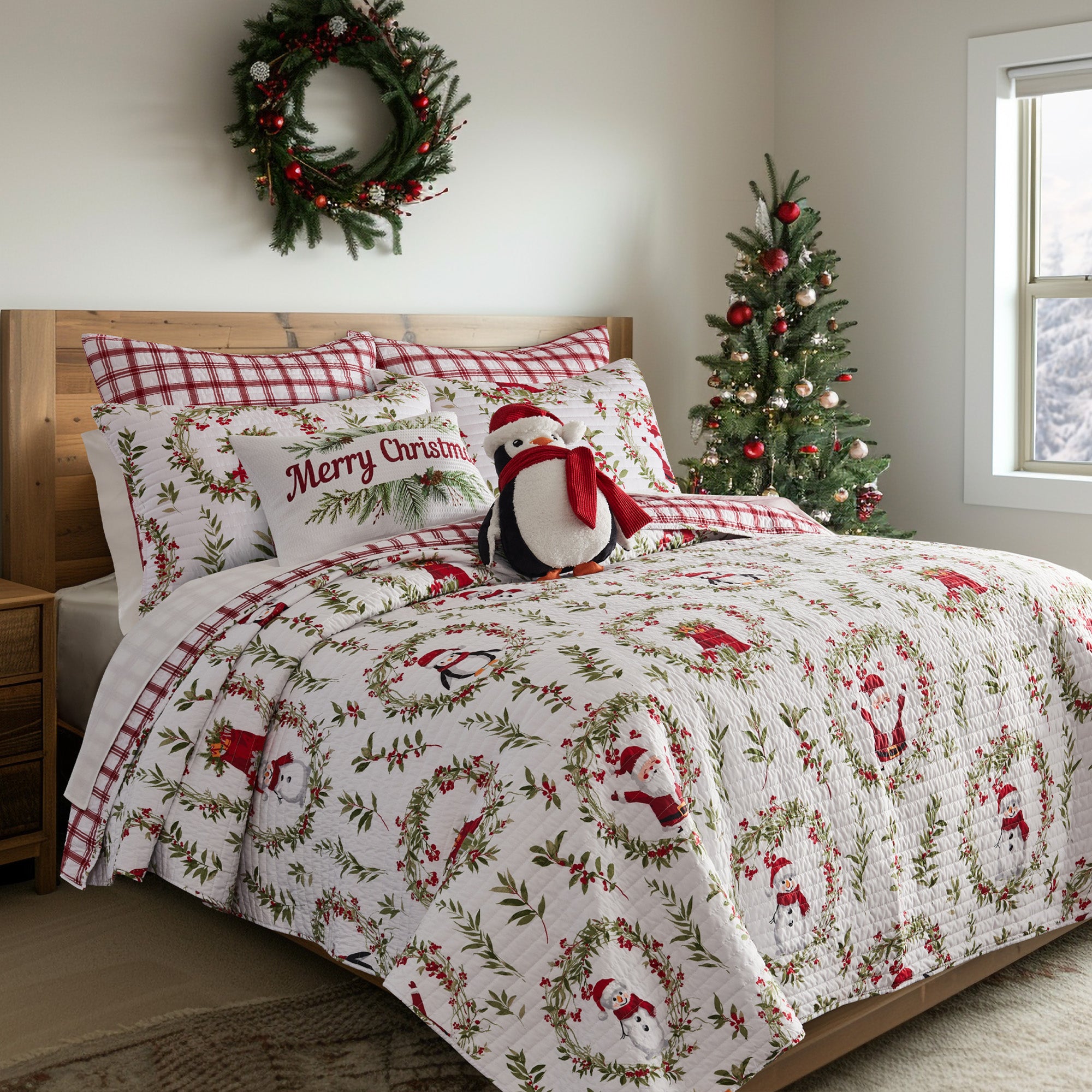 Cozy Pine & Plaid Quilt Set - Queen Size Bedding with Matching Pillow Shams - Soft Warm Winter Comforter for Cabin, Lodge & Farmhouse Decor