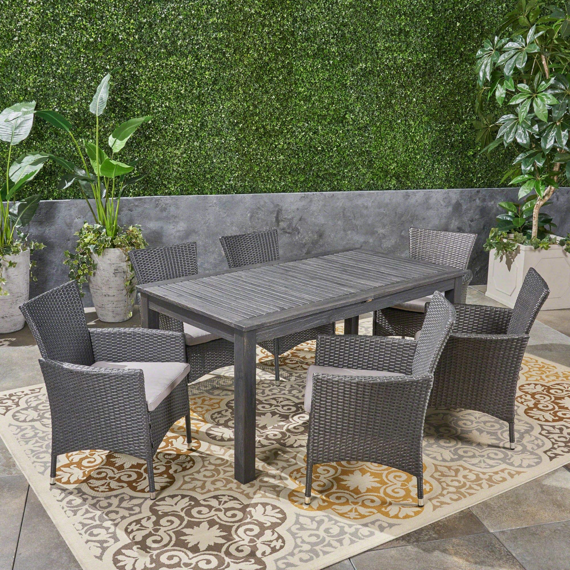 7-Piece Gray Outdoor Patio Dining Set with Expandable Table & Silver Cushions - Modern Contemporary Furniture for Backyard, Garden, Poolside & Terrace Entertaining