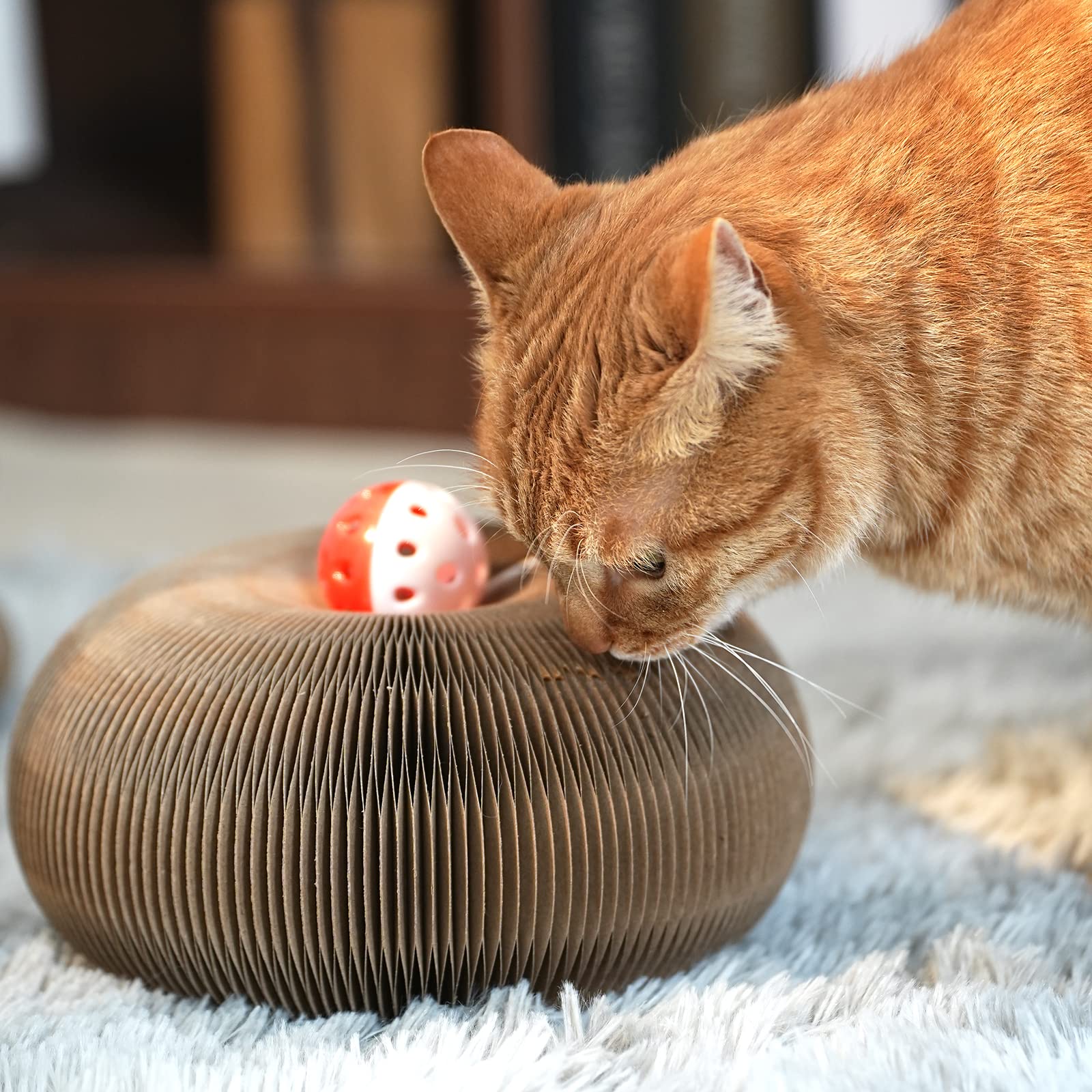 Foldable Cat Scratcher Cardboard with Bell Ball - Slinky Cat Scratch Pad & Magic Organ Toy for Kittens - Durable Cat Scratching Post for Indoor Cats - Perfect for Playtime, Nail Trimming & Stress Relief